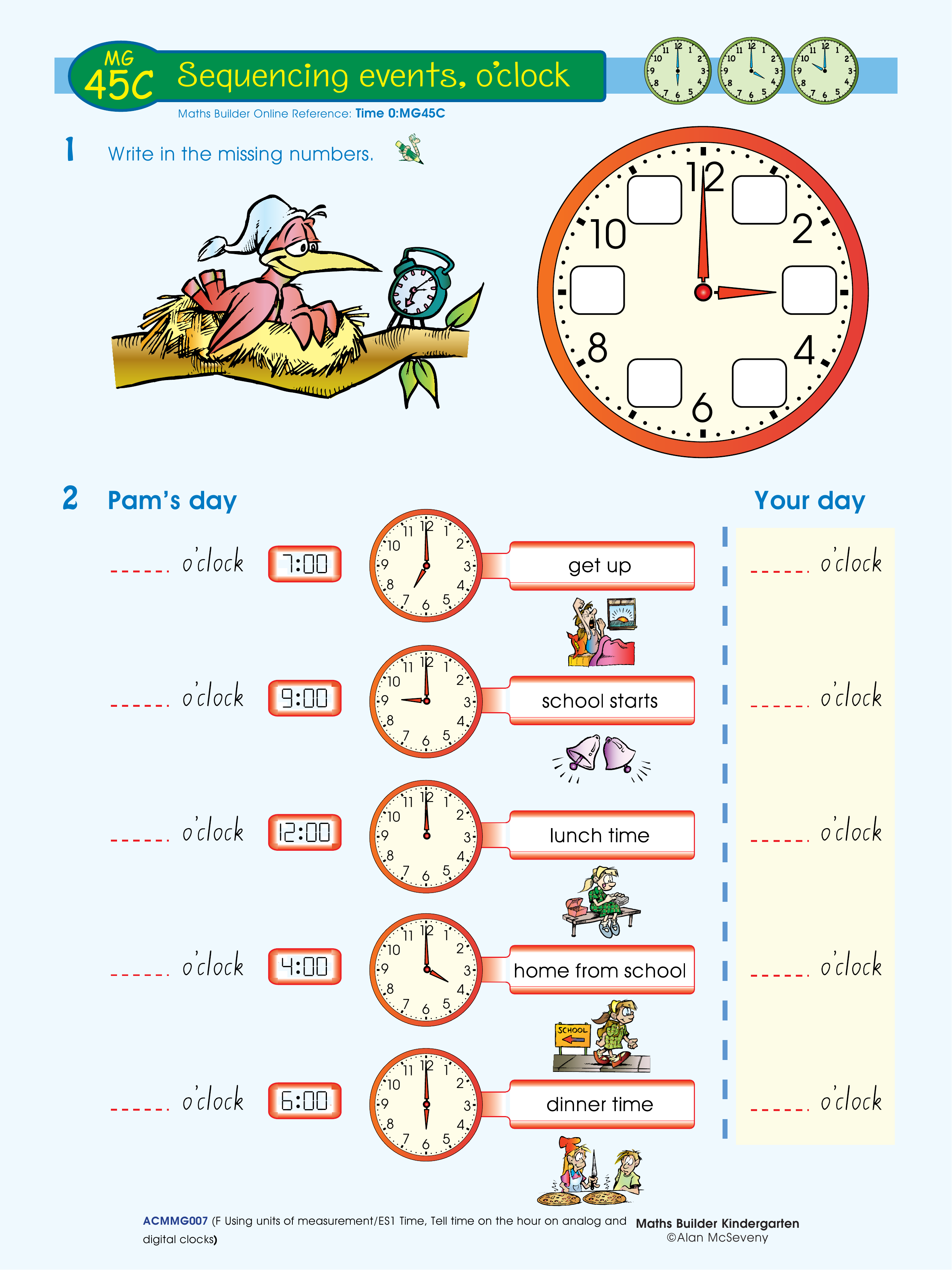 Sequencing events, o'clock — worksheet preview