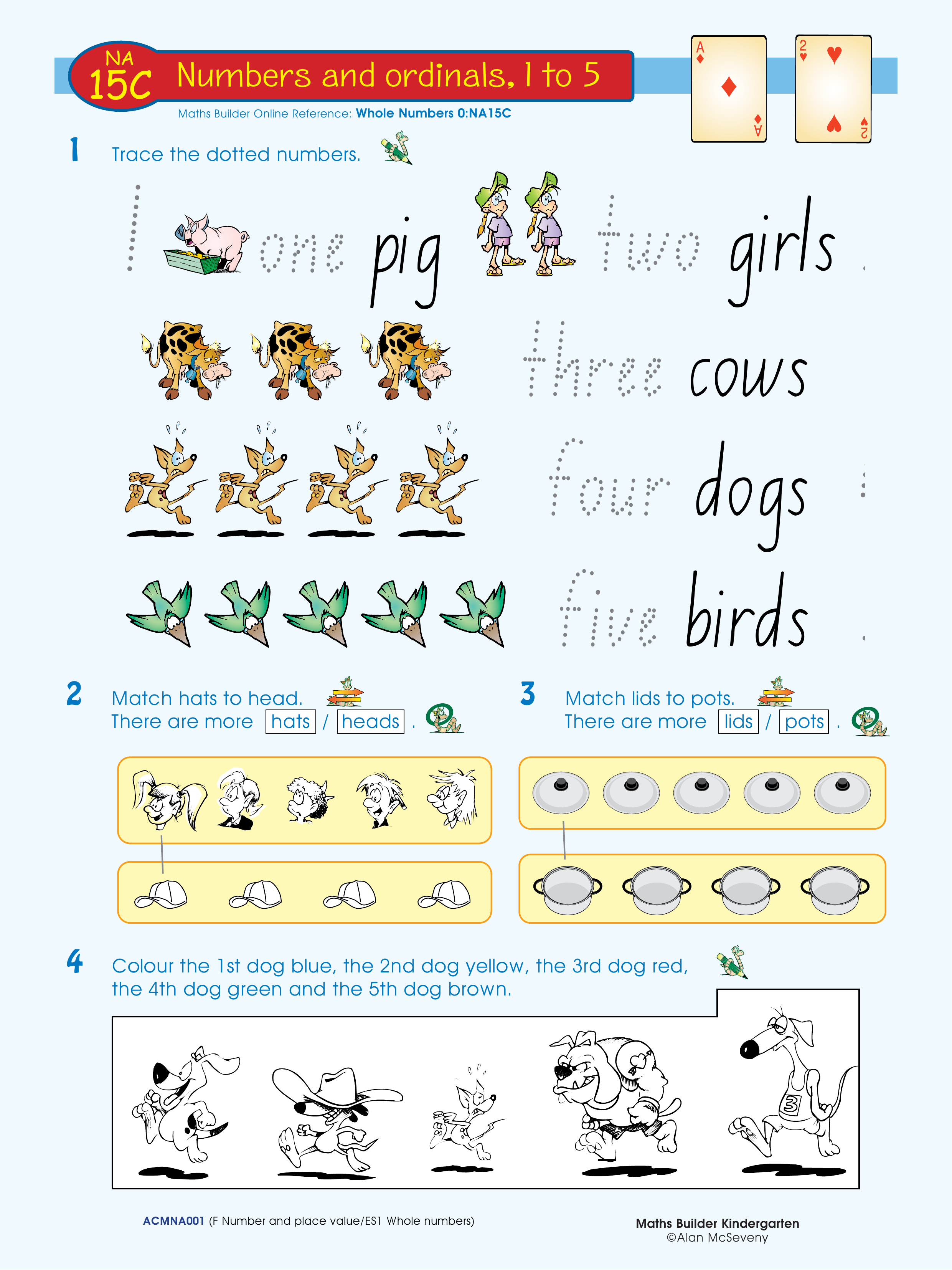 Numbers and ordinals, 1 to 5 — worksheet preview