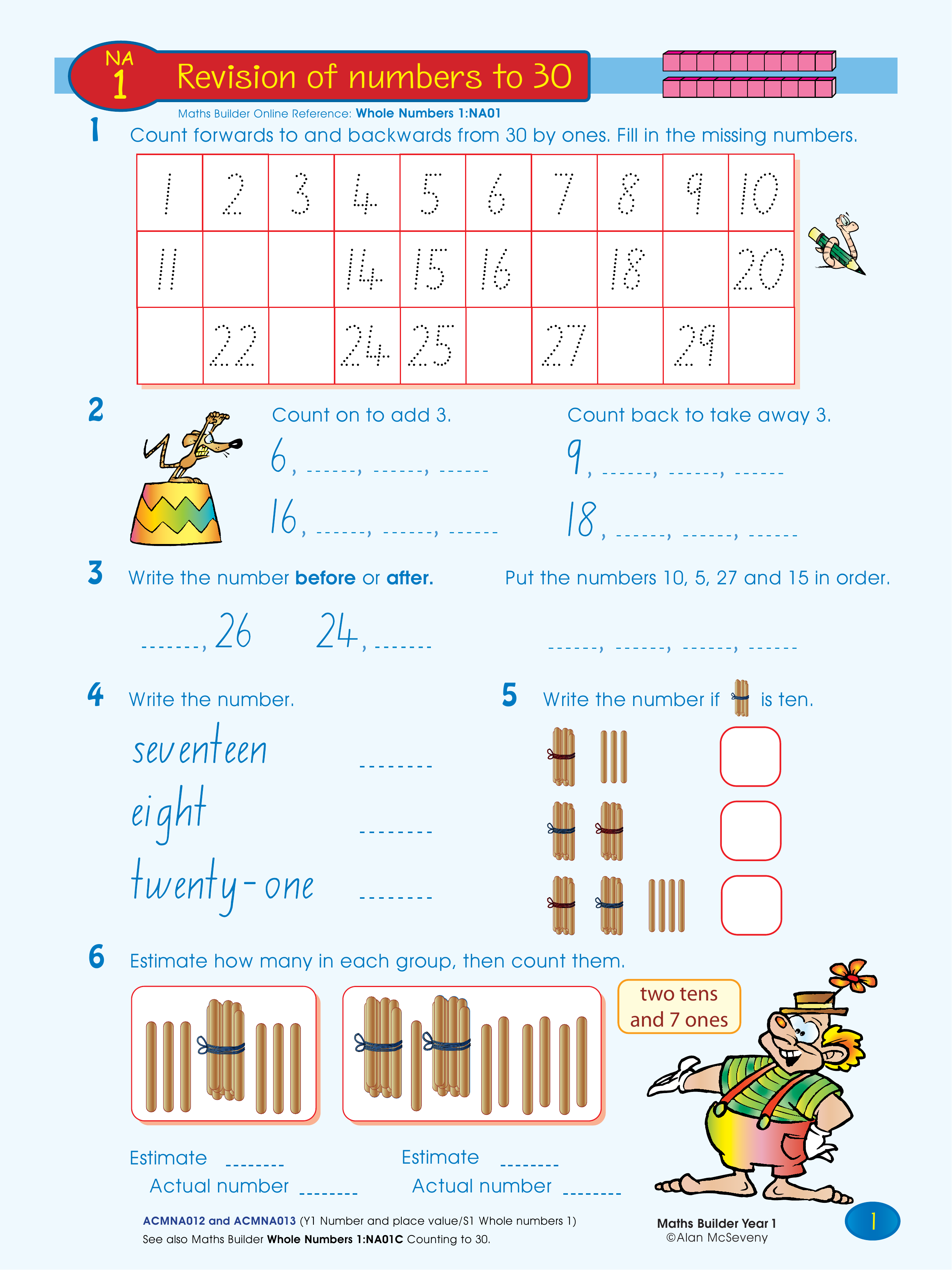 Revision of numbers to 30 — worksheet preview