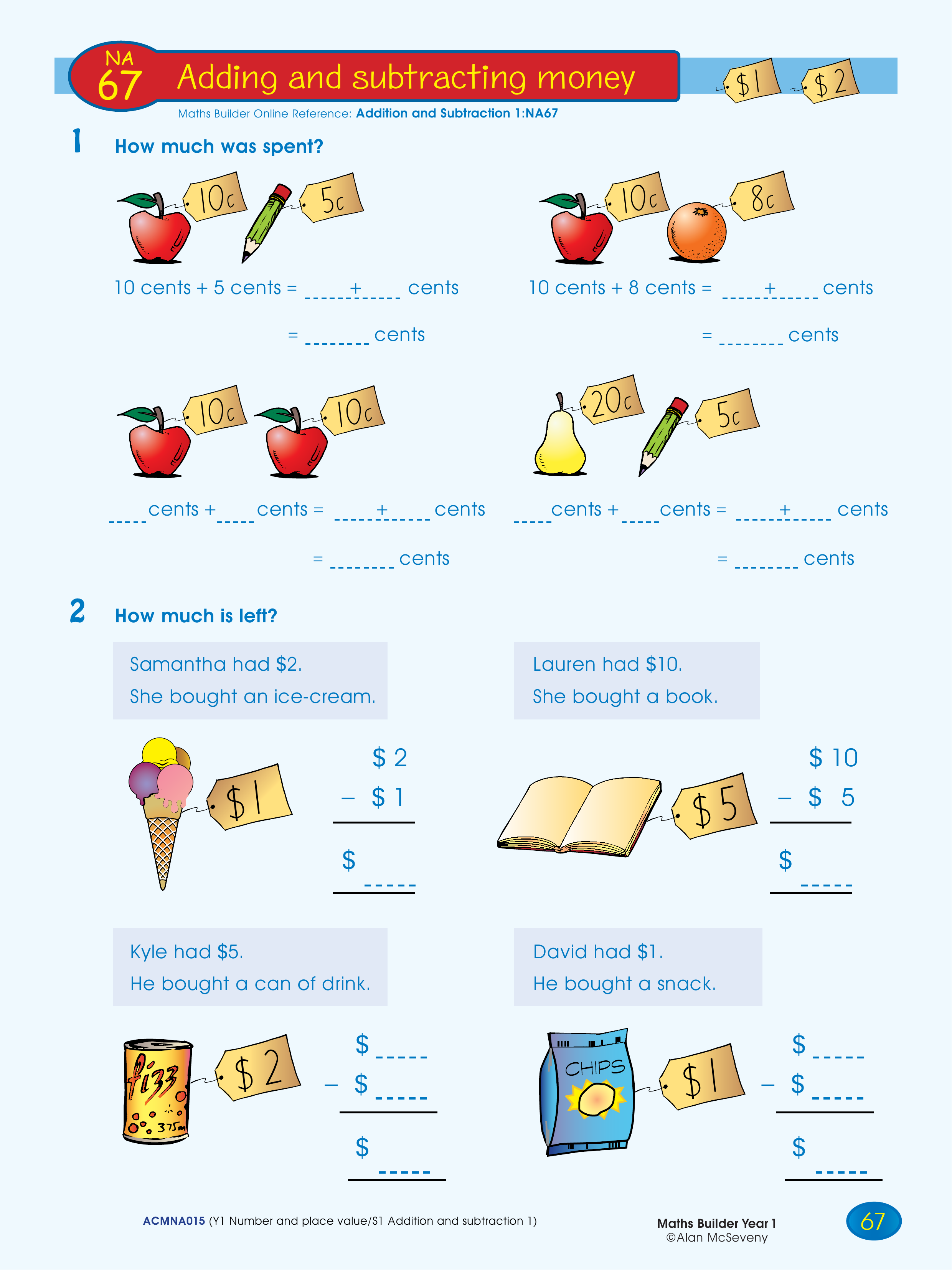 Adding and subtracting money — worksheet preview