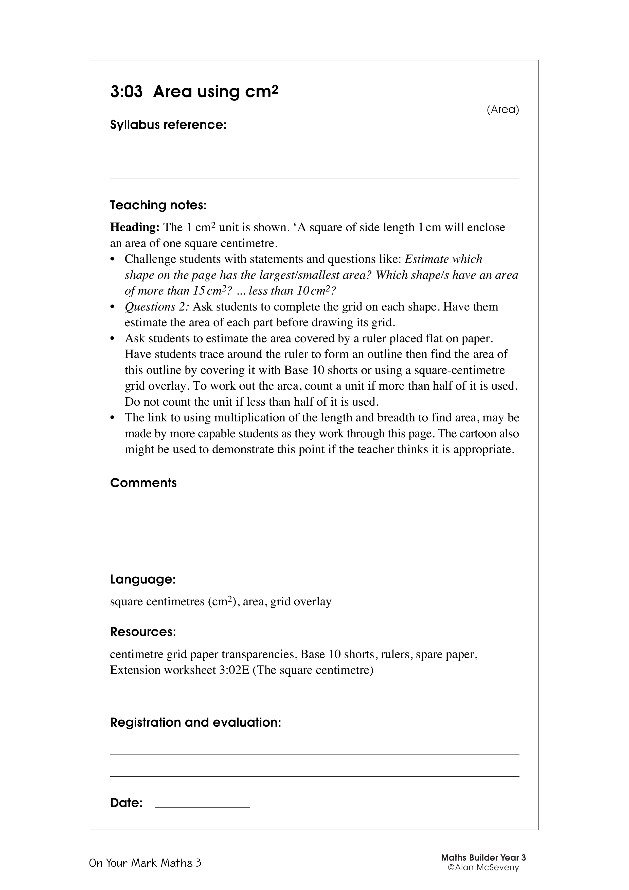 Area using cm2 — worksheet preview