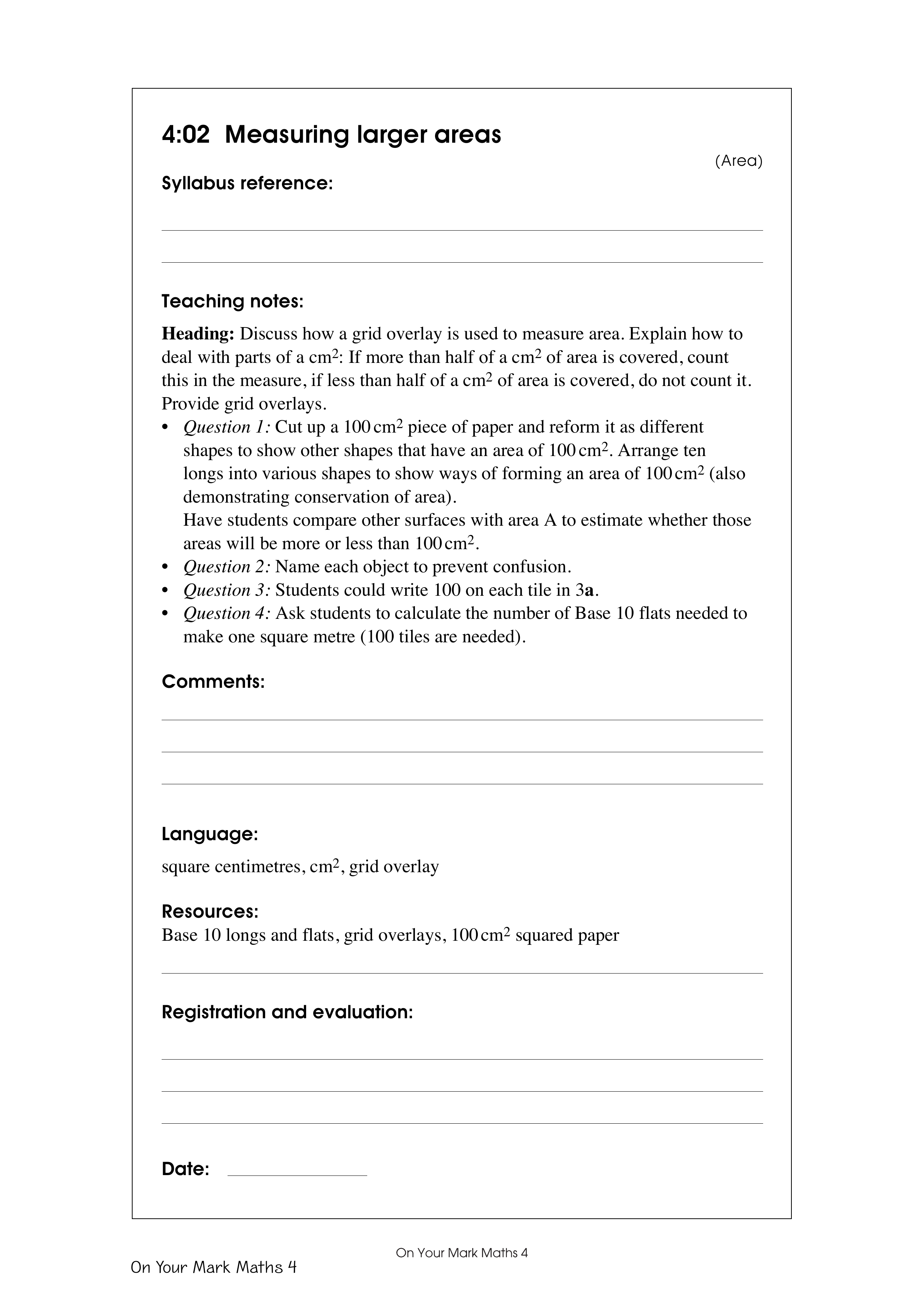 Measuring larger areas — worksheet preview