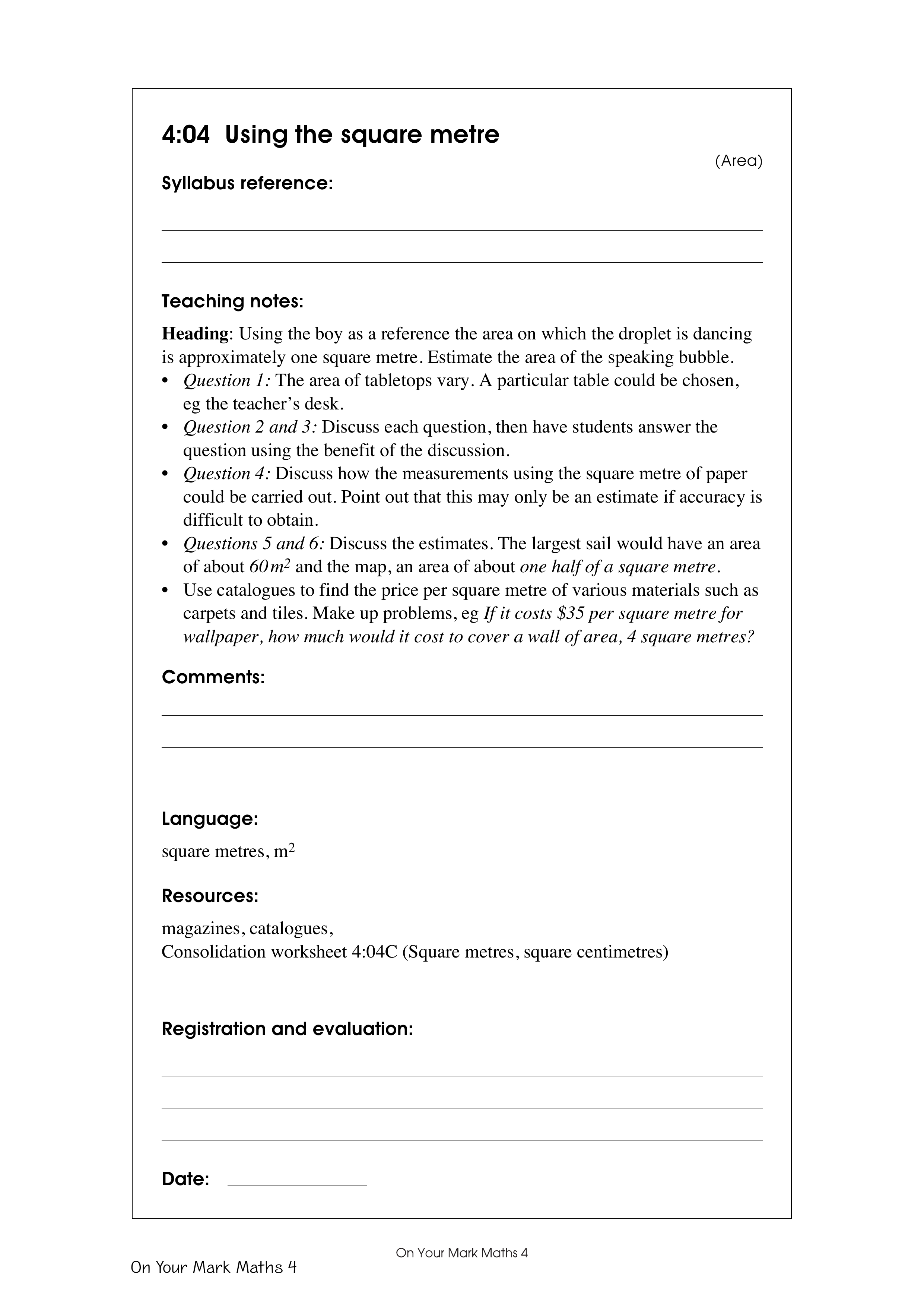 Using the square metre — worksheet preview