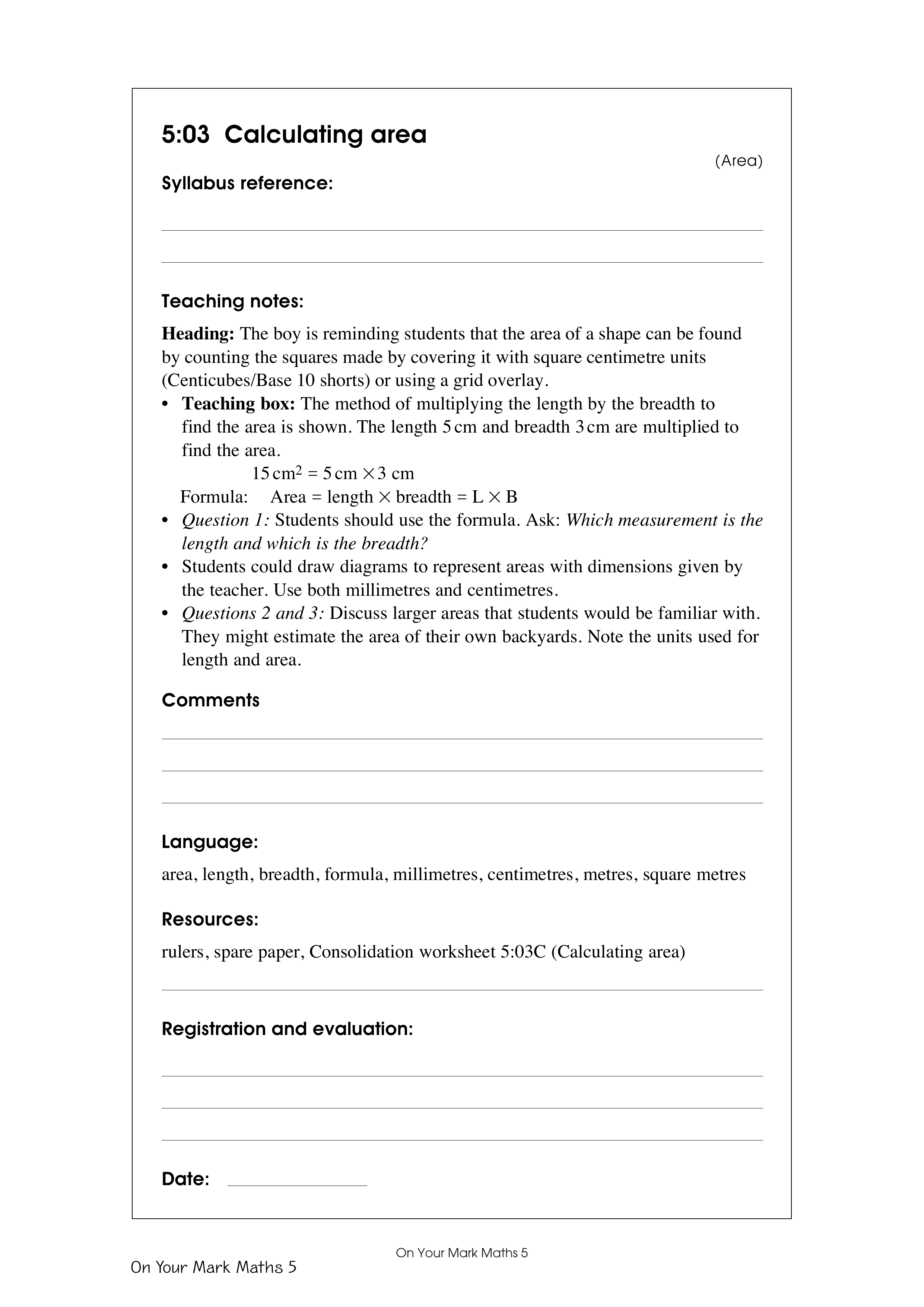 Calculating area — worksheet preview