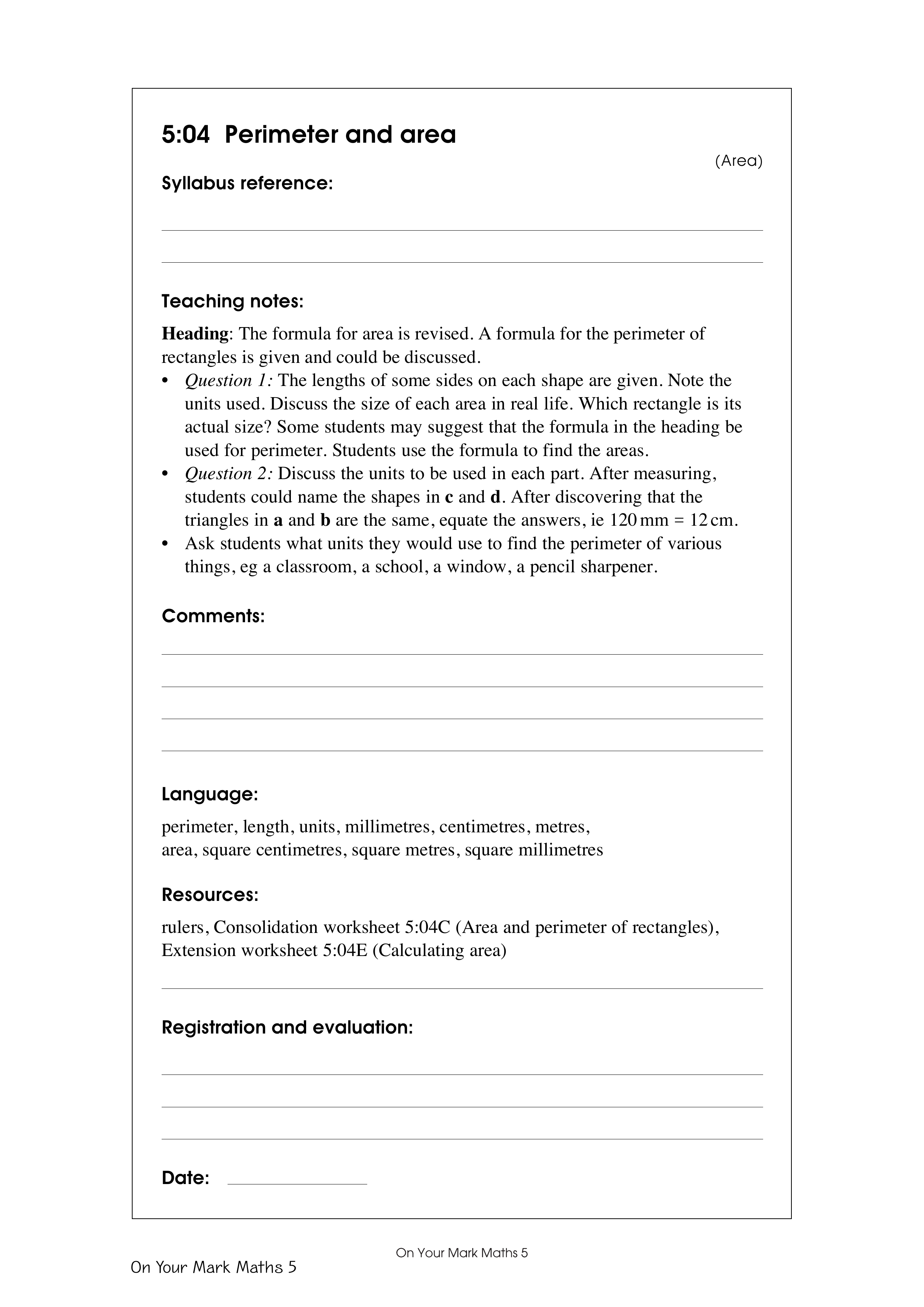 Perimeter and area — worksheet preview