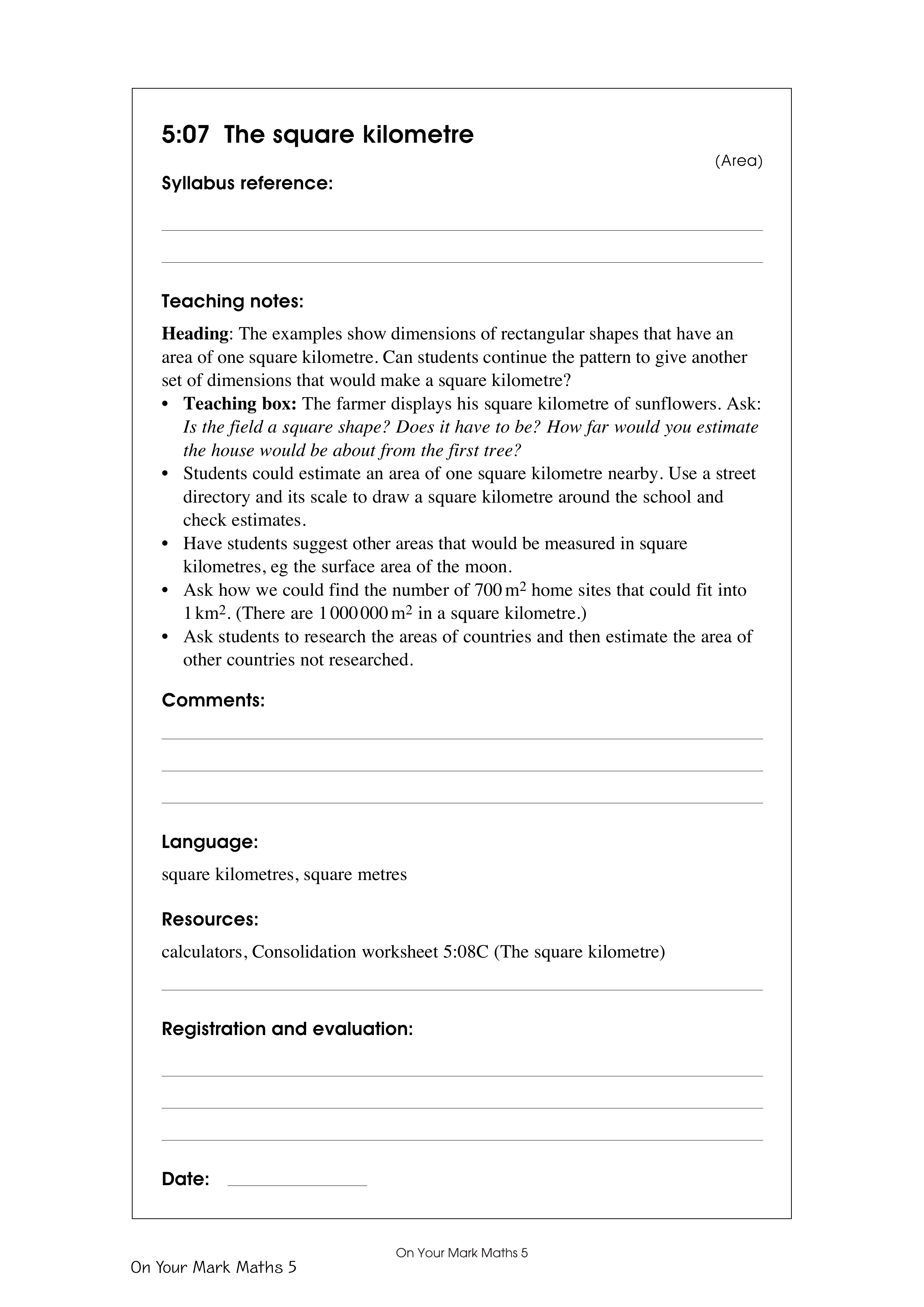 The square kilometre — worksheet preview