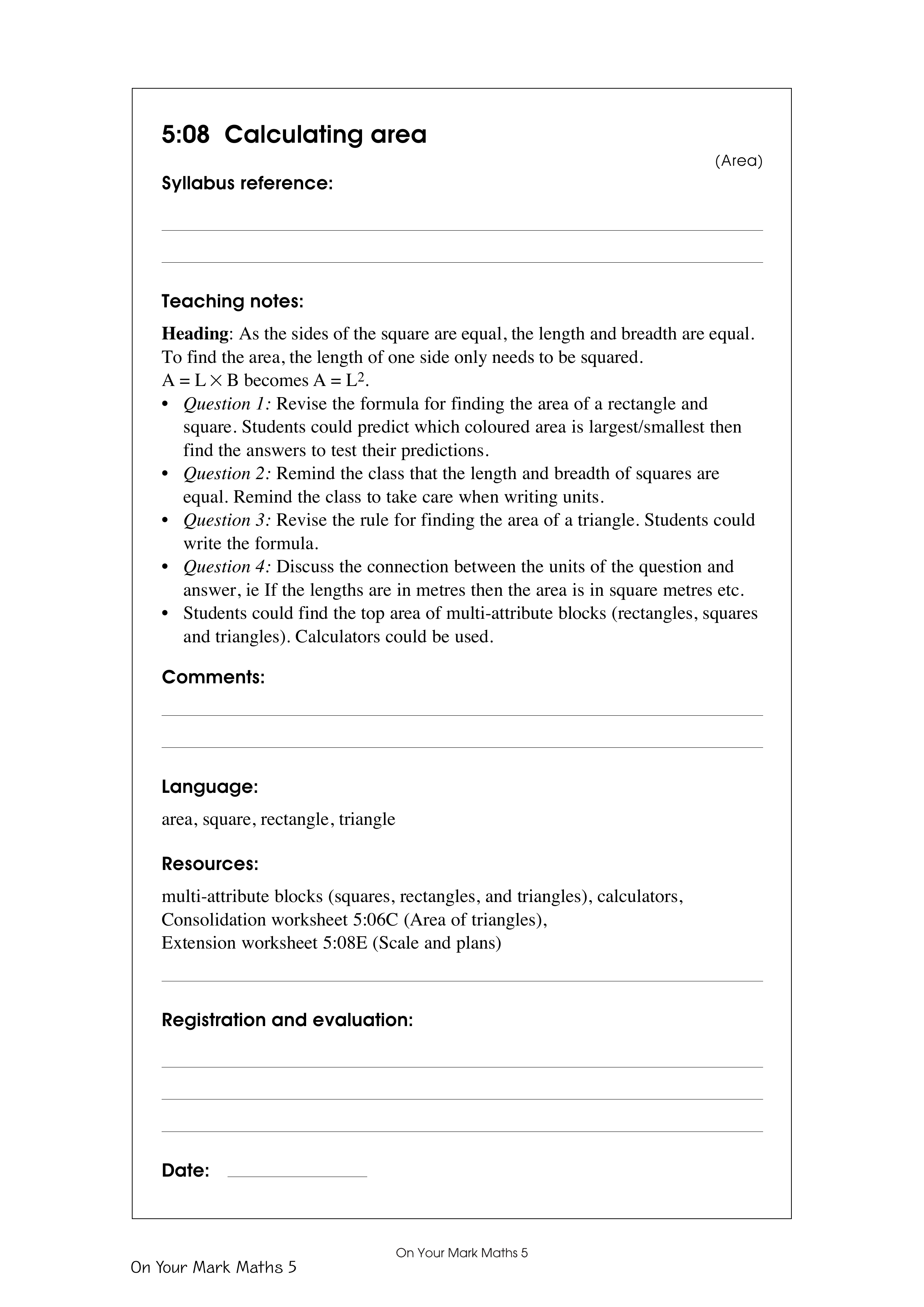 Calculating area — worksheet preview