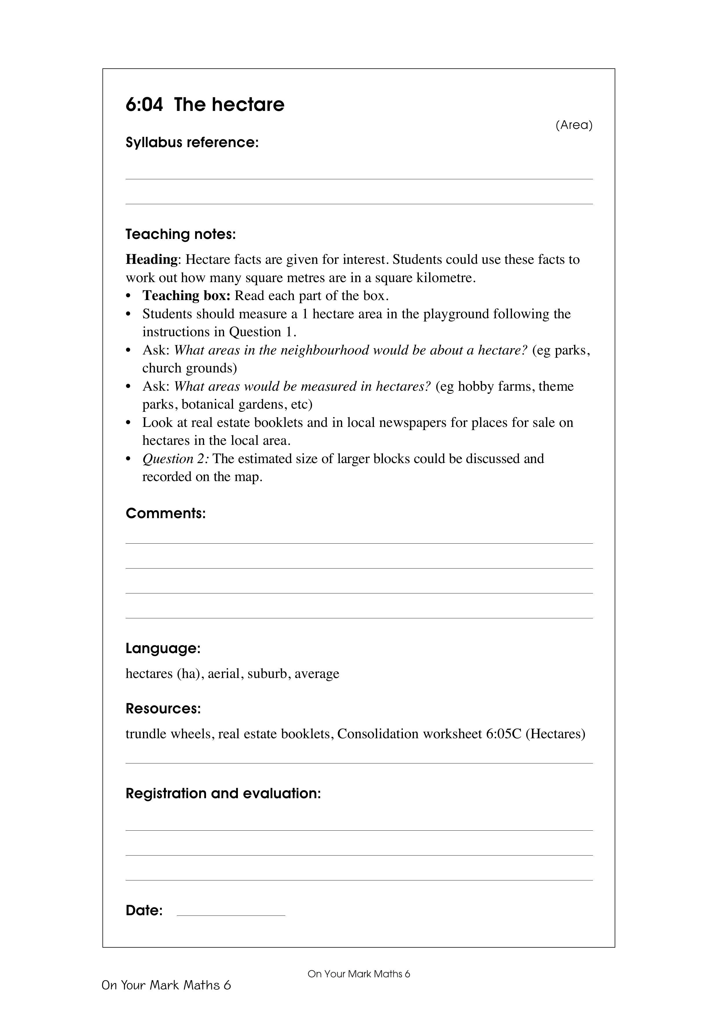 The hectare — worksheet preview