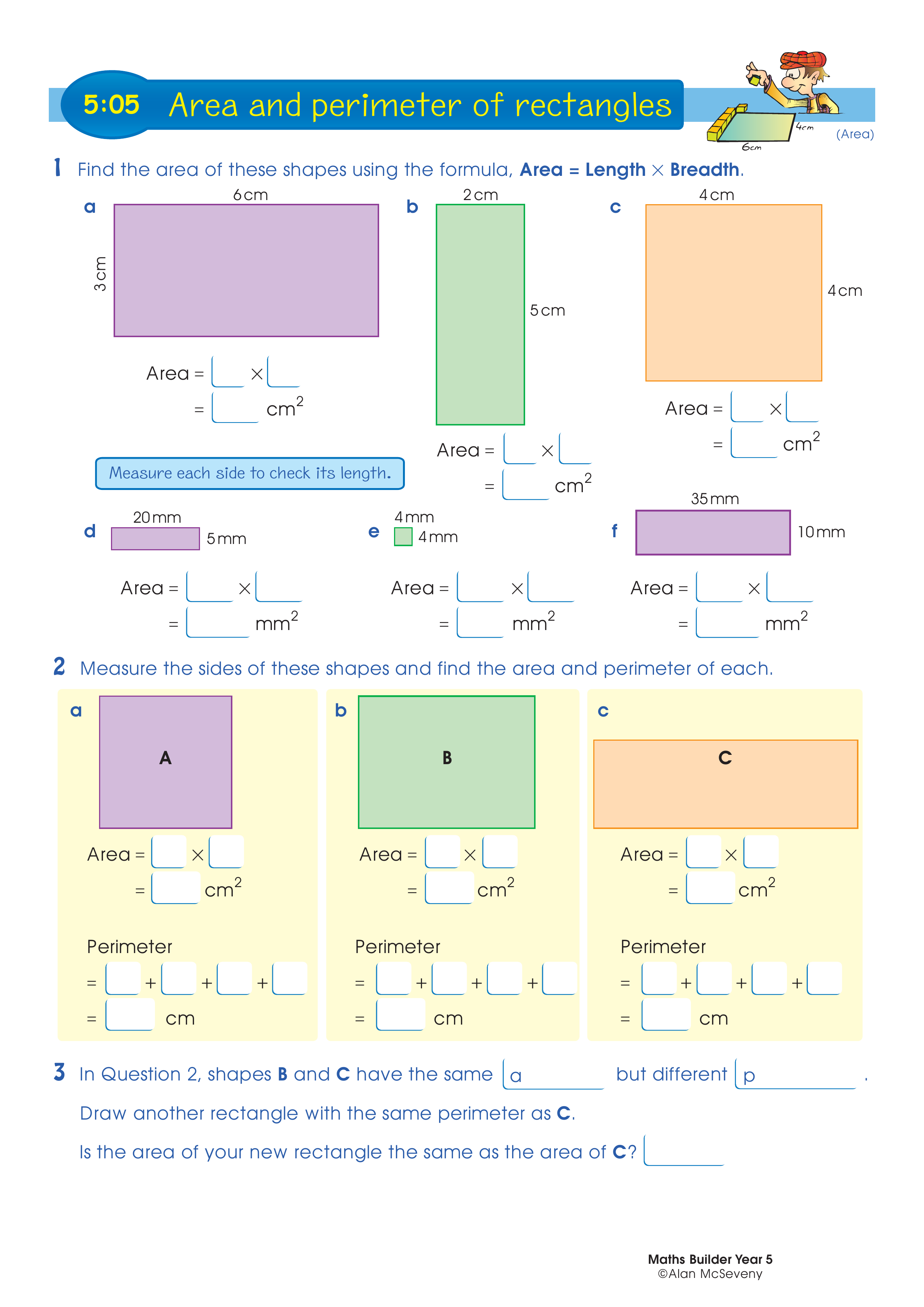 Area and perimeter of rectangles — worksheet preview