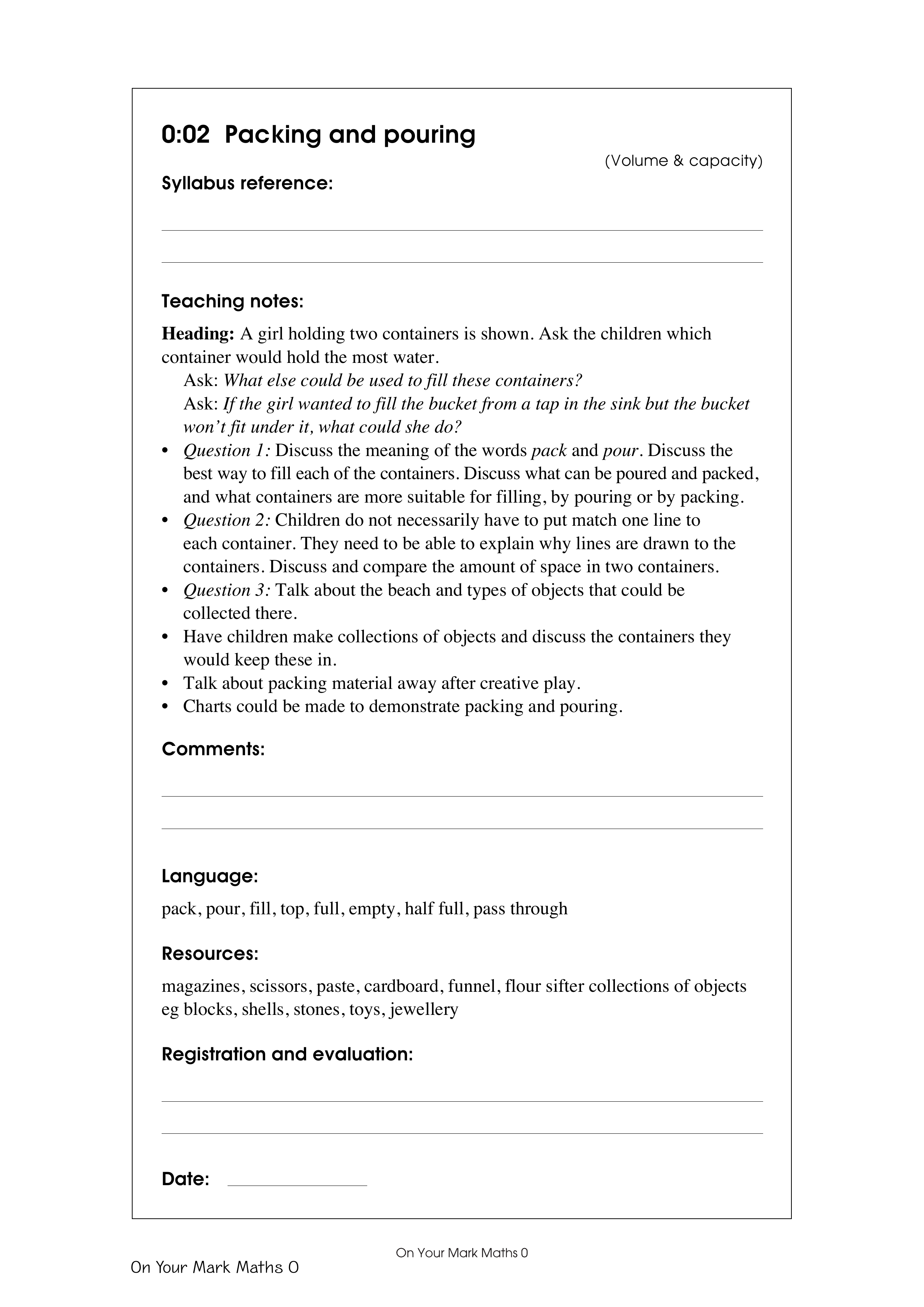 Packing and pouring — worksheet preview