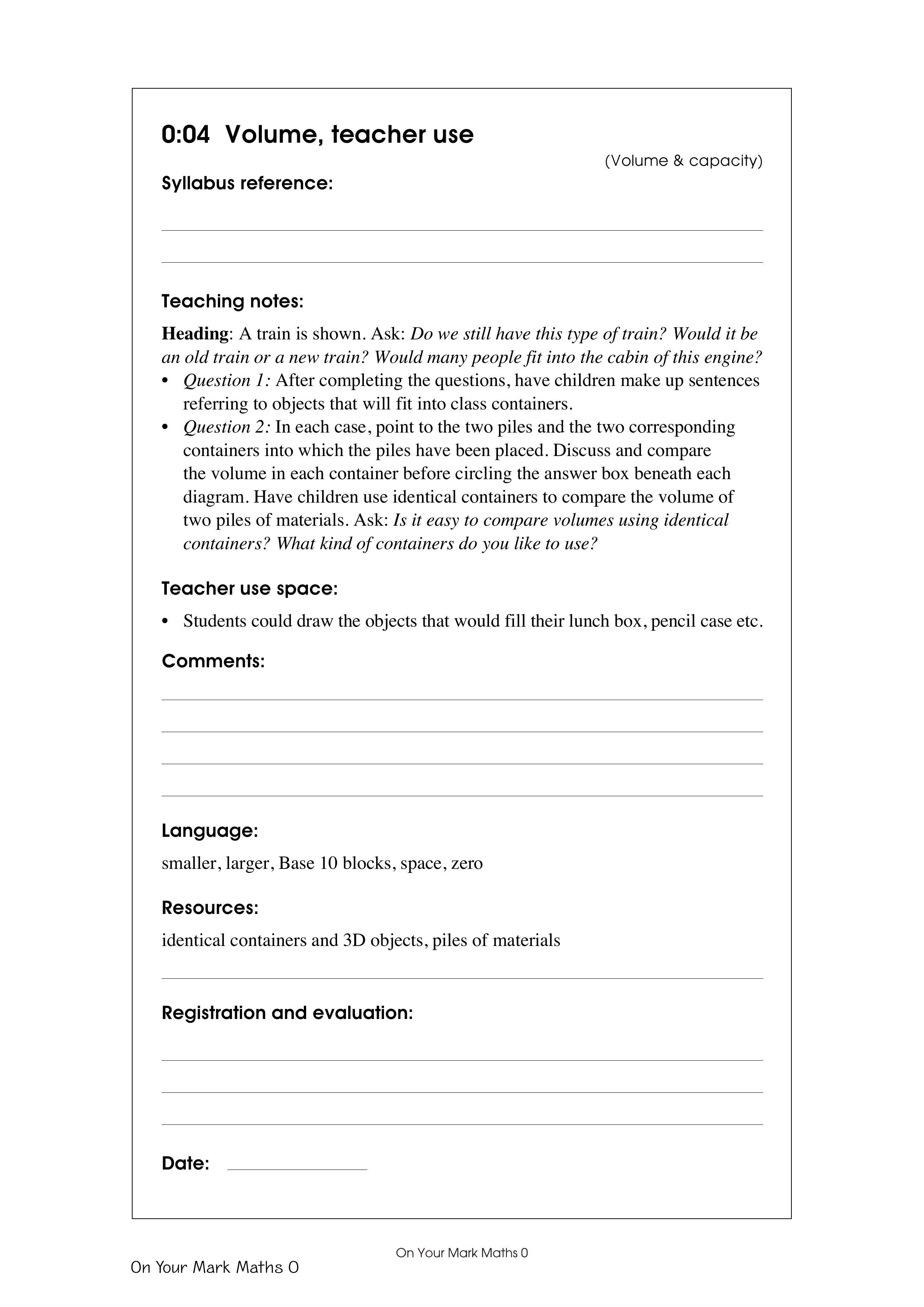 Volume, teacher use — worksheet preview