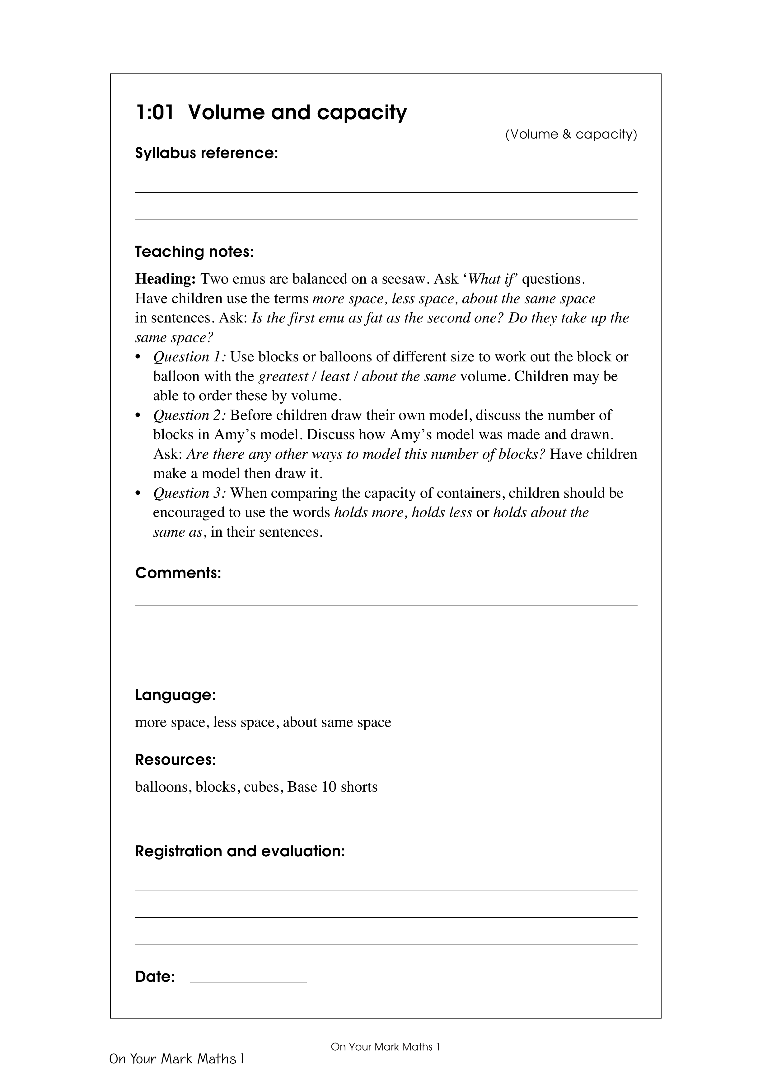 Volume and capacity — worksheet preview