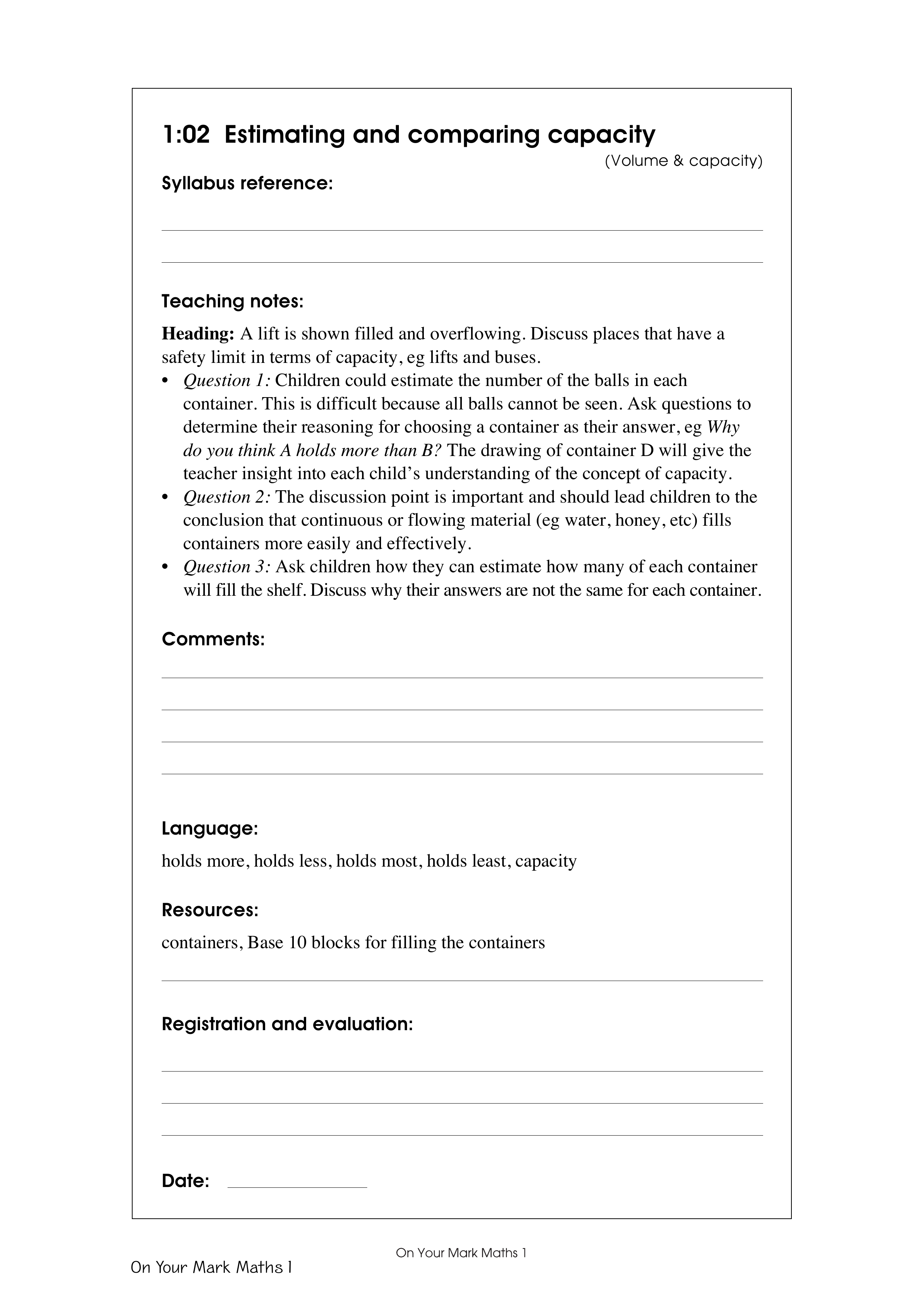Estimating and comparing capacity — worksheet preview