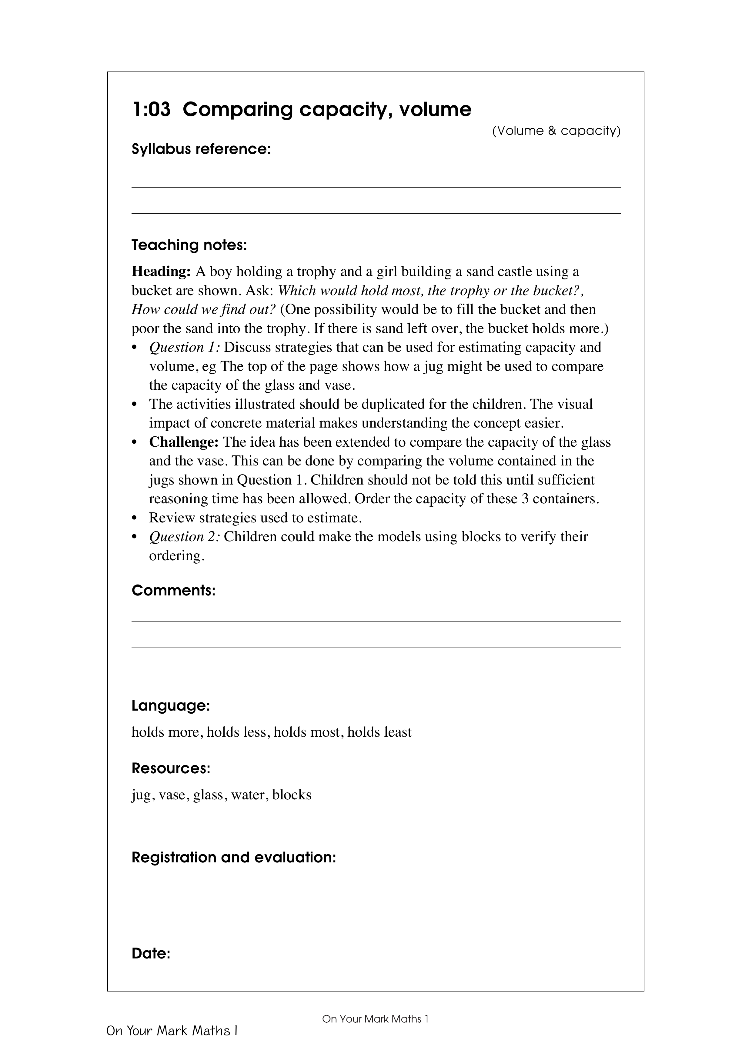 Comparing capacity, volume — worksheet preview