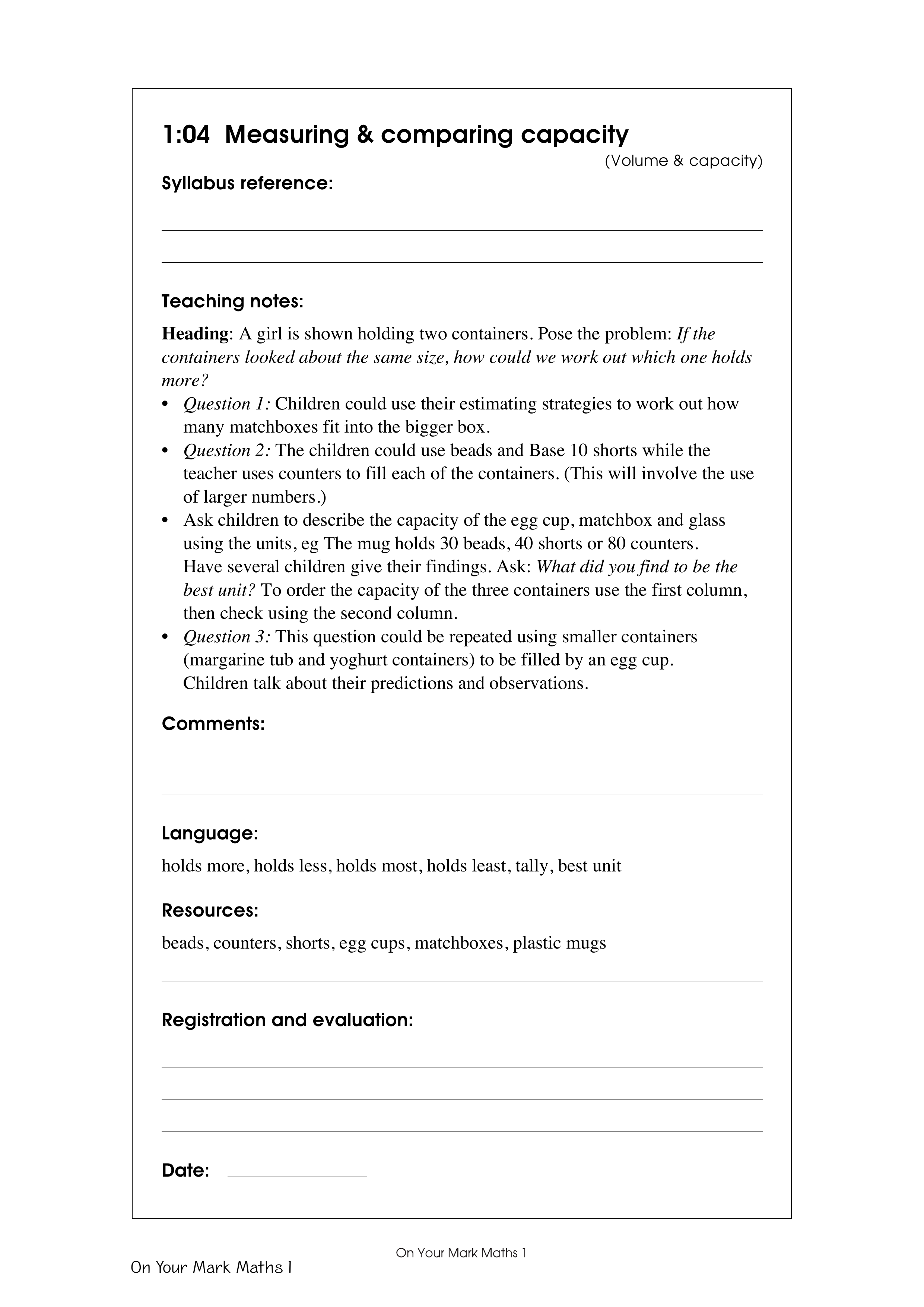 Measuring & comparing capacity — worksheet preview