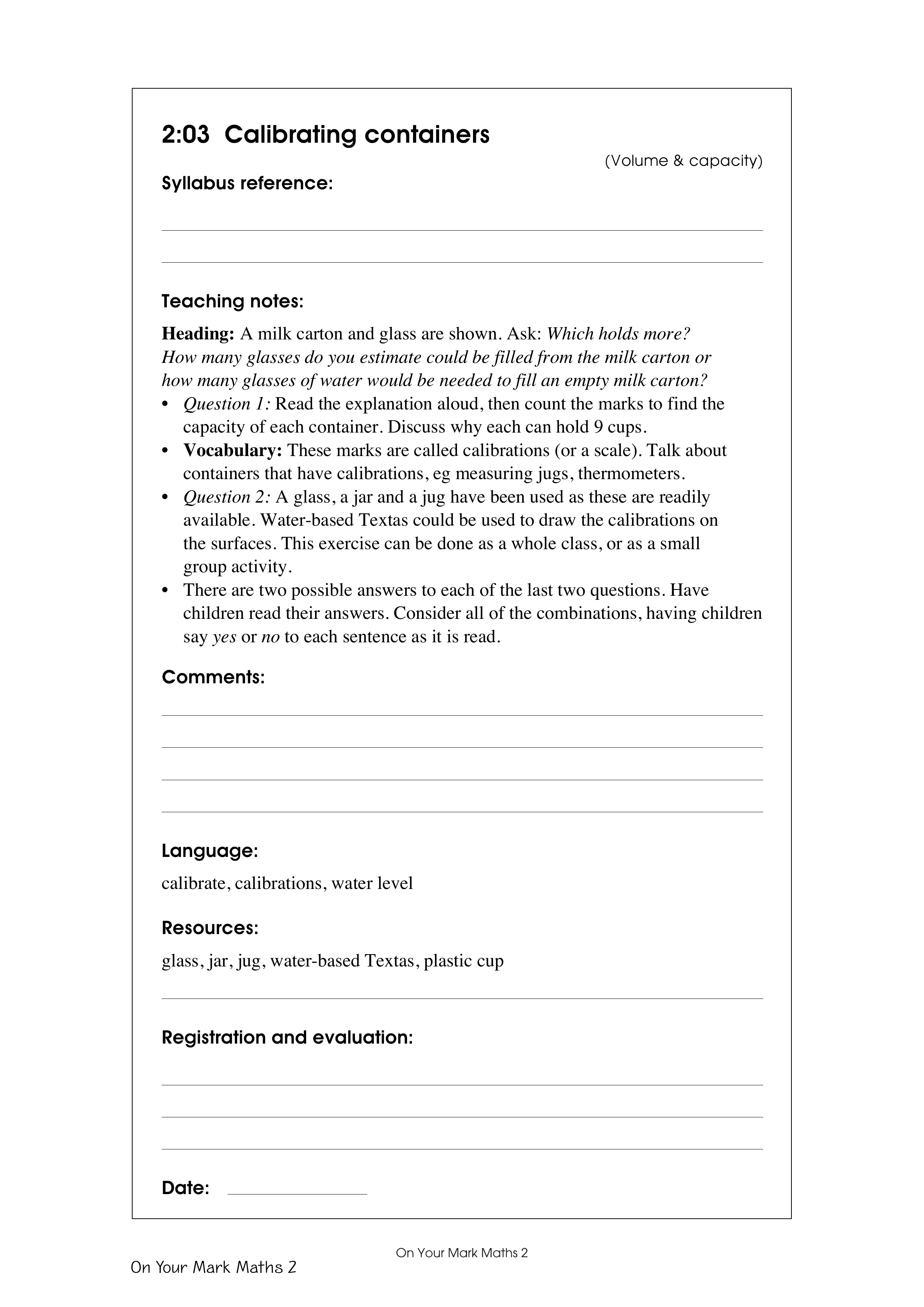 Calibrating containers — worksheet preview