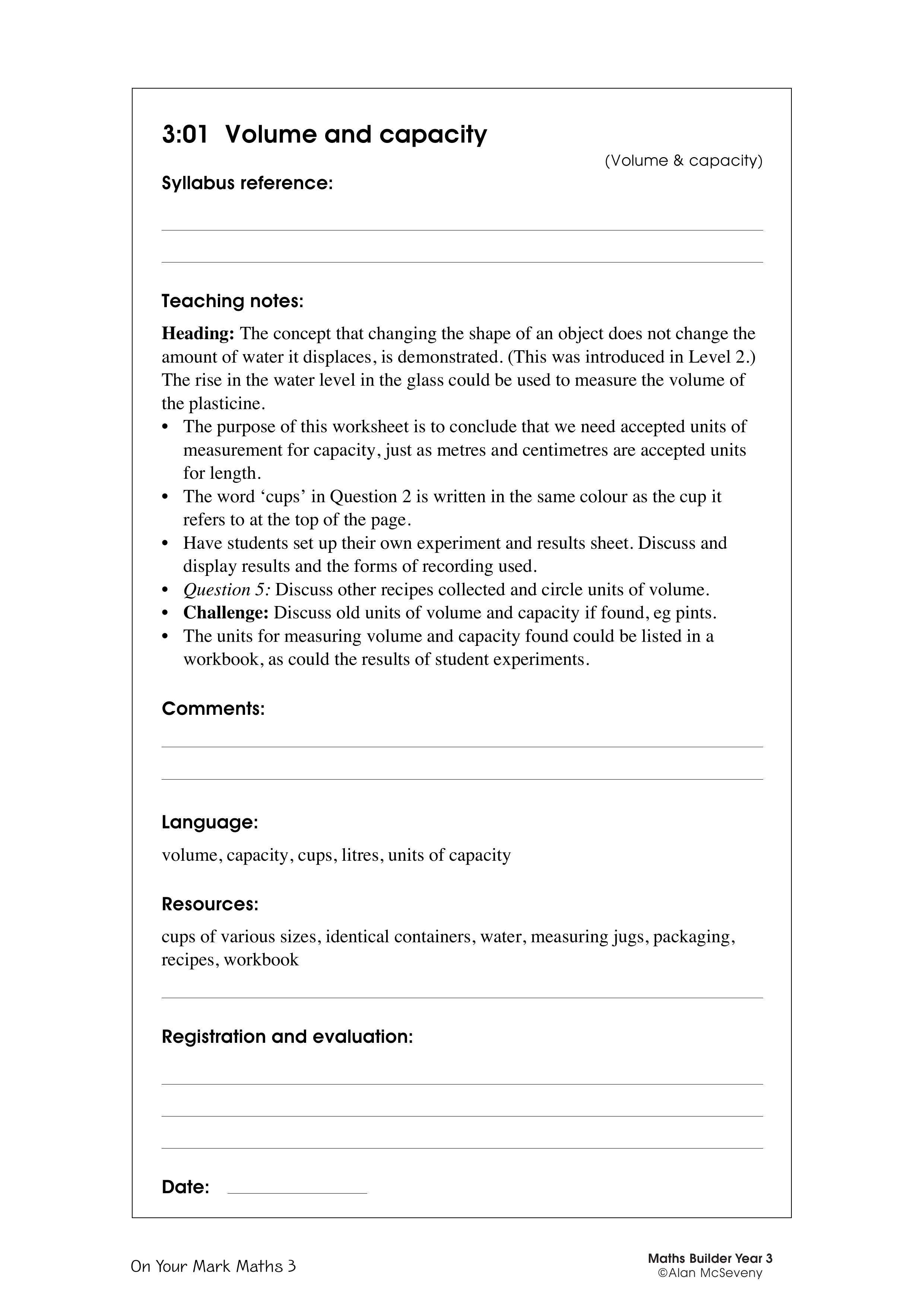 Volume and capacity — worksheet preview