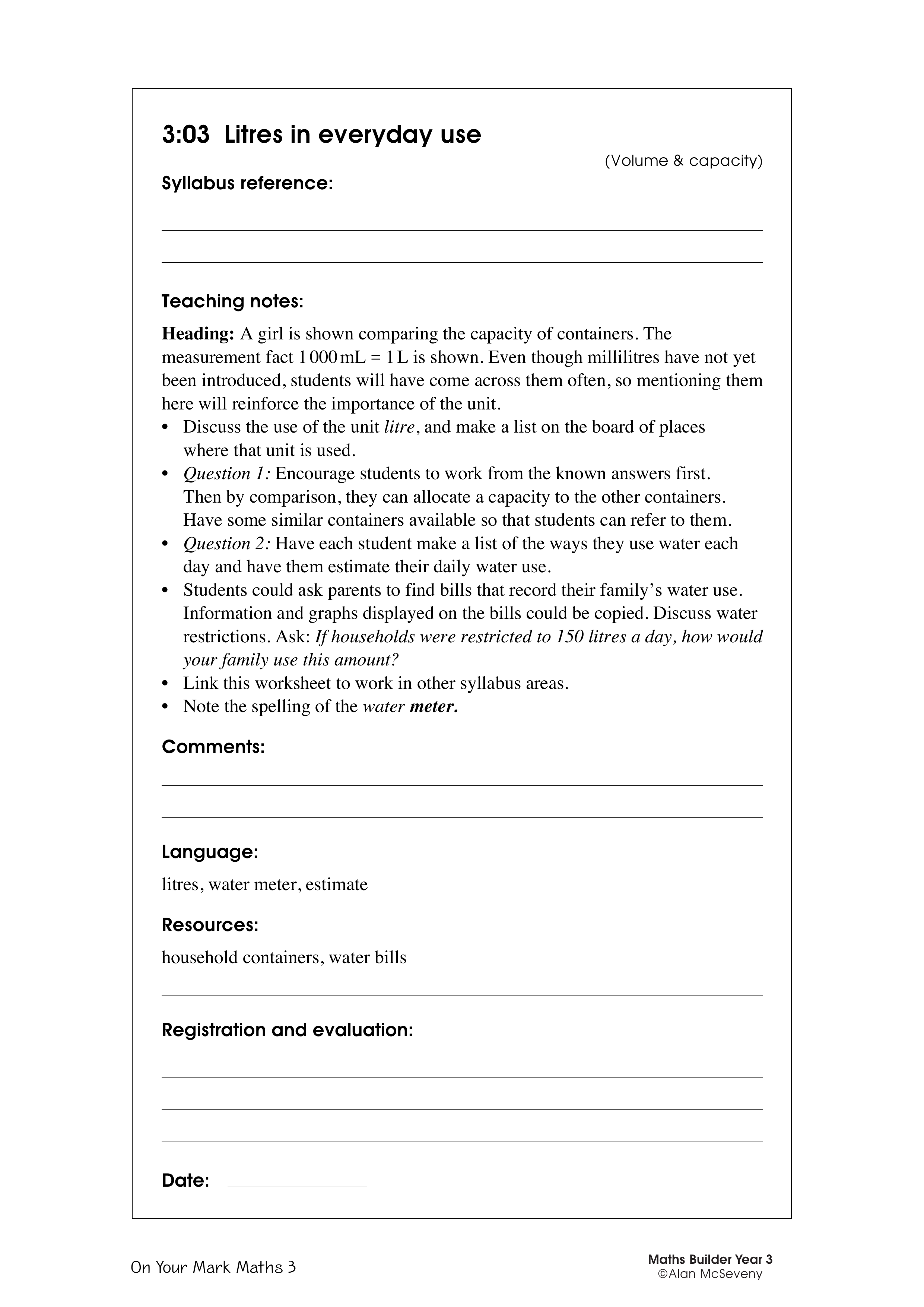 Litres in everyday use — worksheet preview