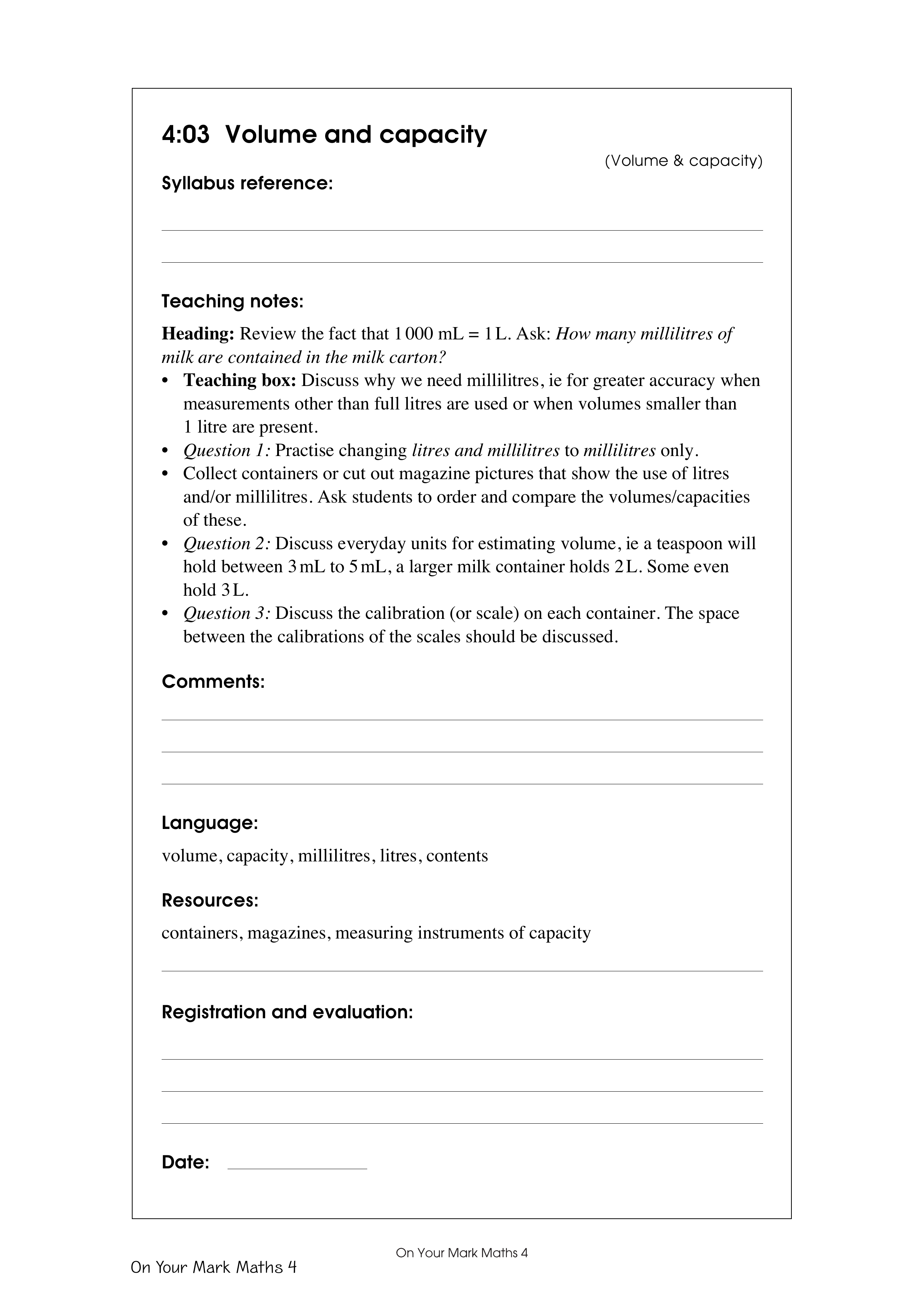Volume and capacity — worksheet preview