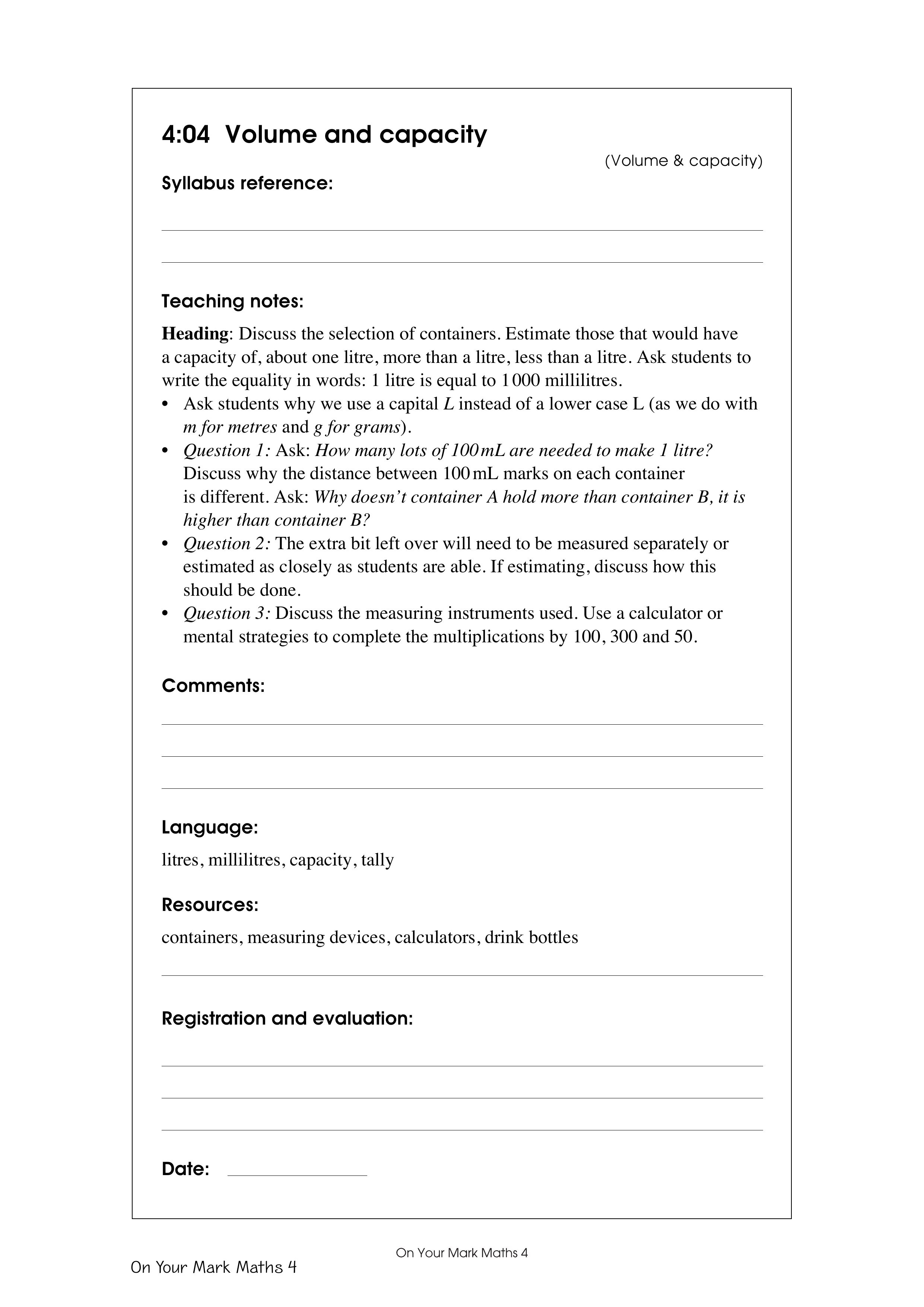 Volume and capacity — worksheet preview