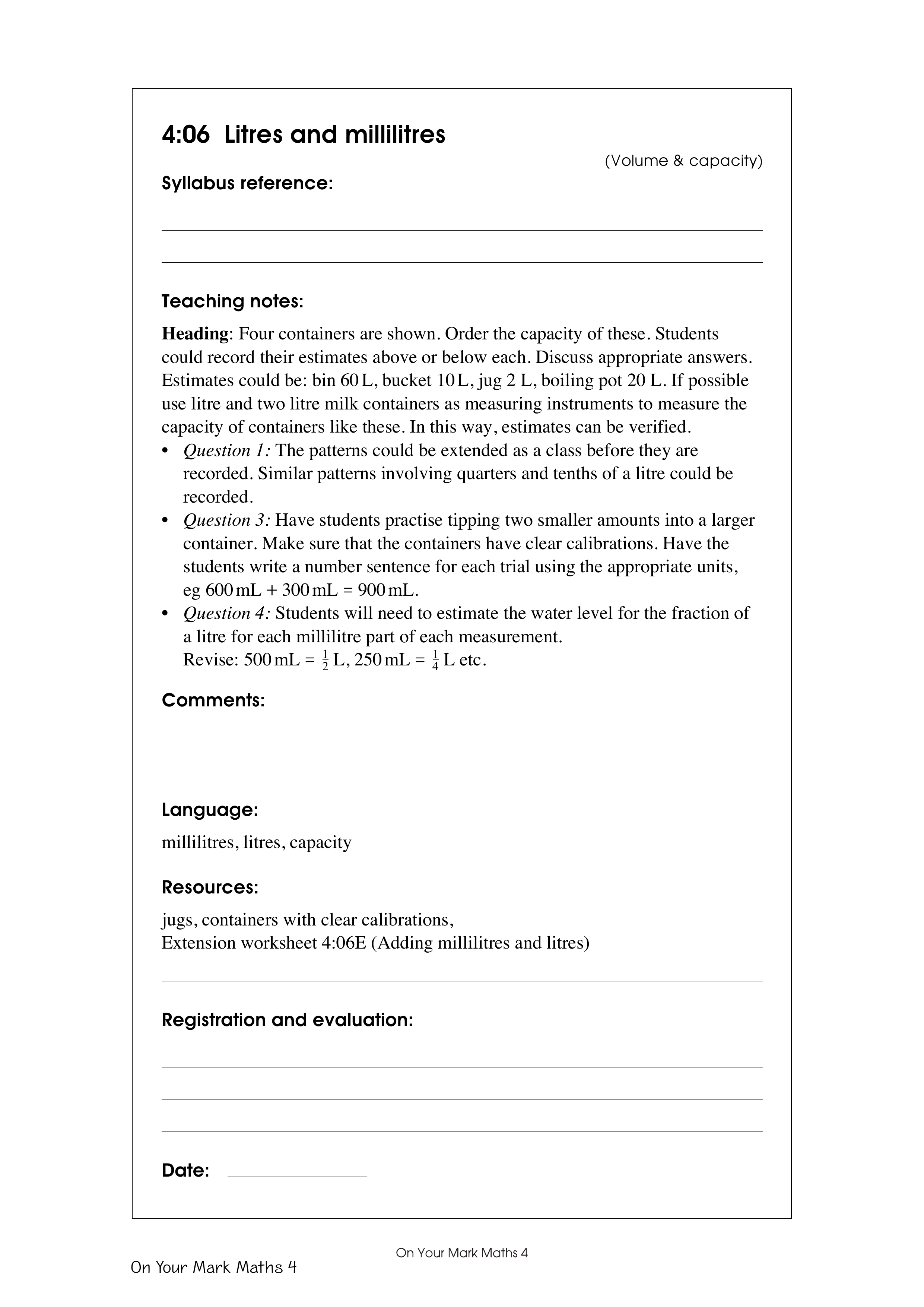 Litres and millilitres — worksheet preview