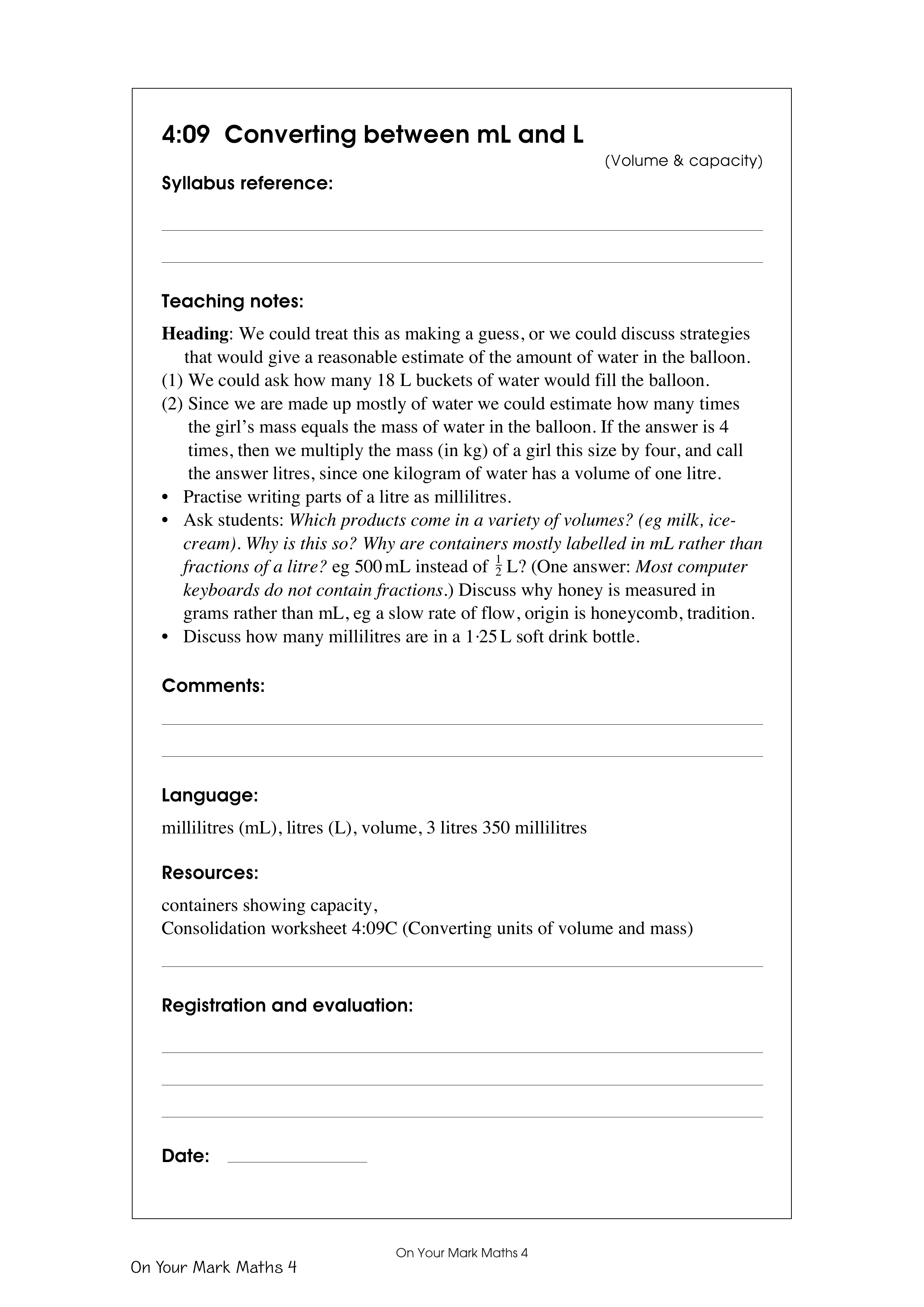 Converting between mL and L — worksheet preview