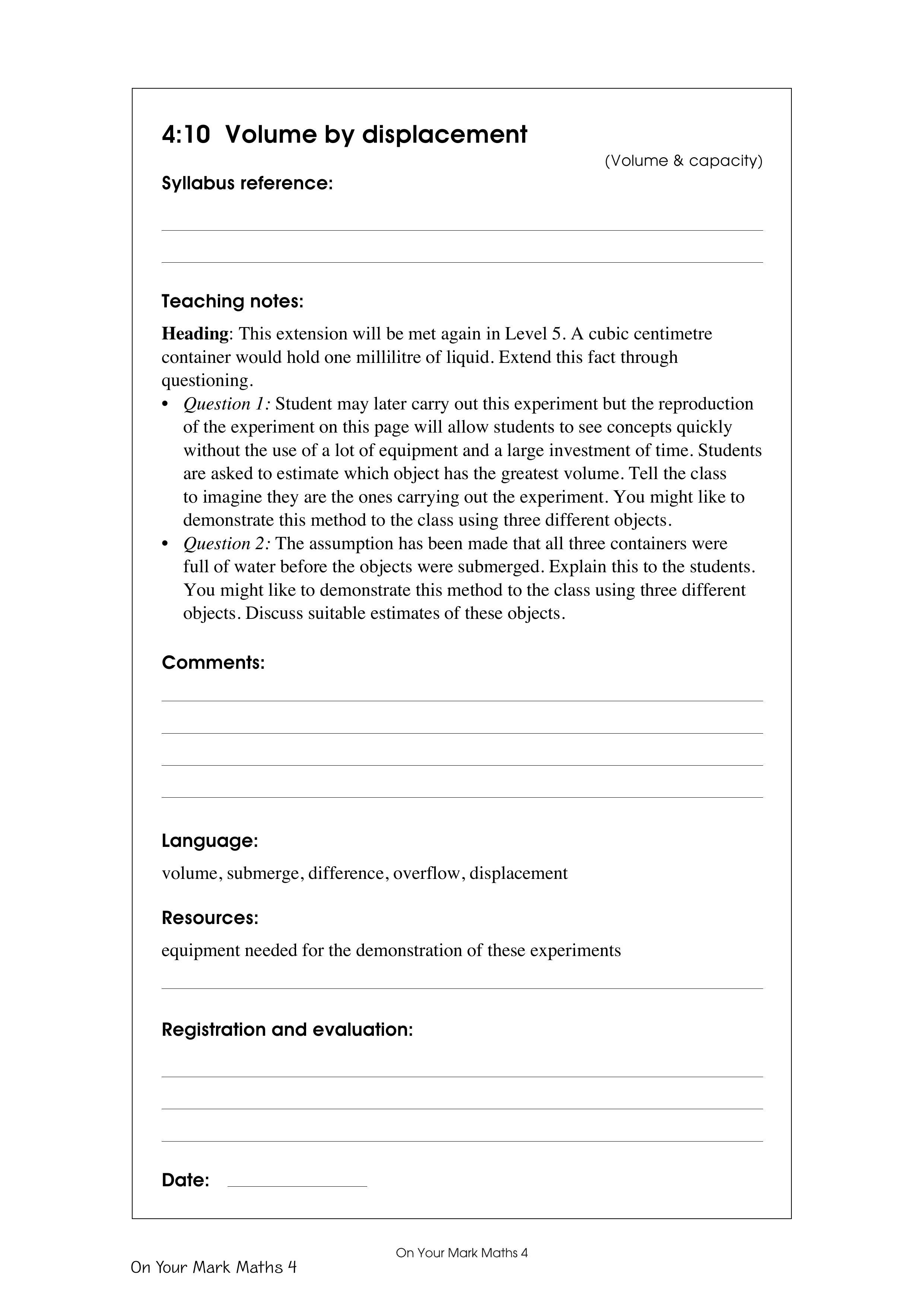 Volume by displacement — worksheet preview