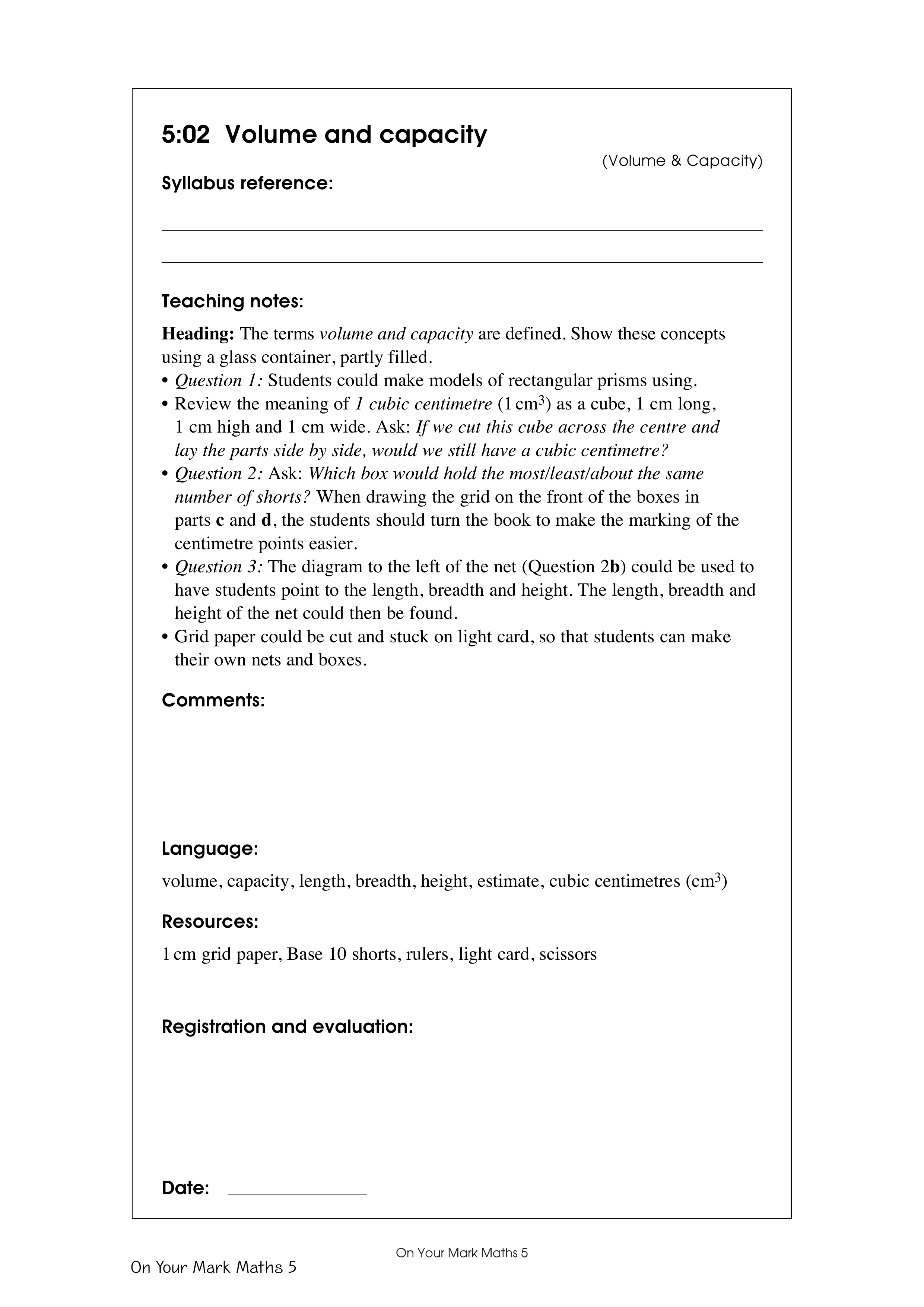 Volume and capacity — worksheet preview