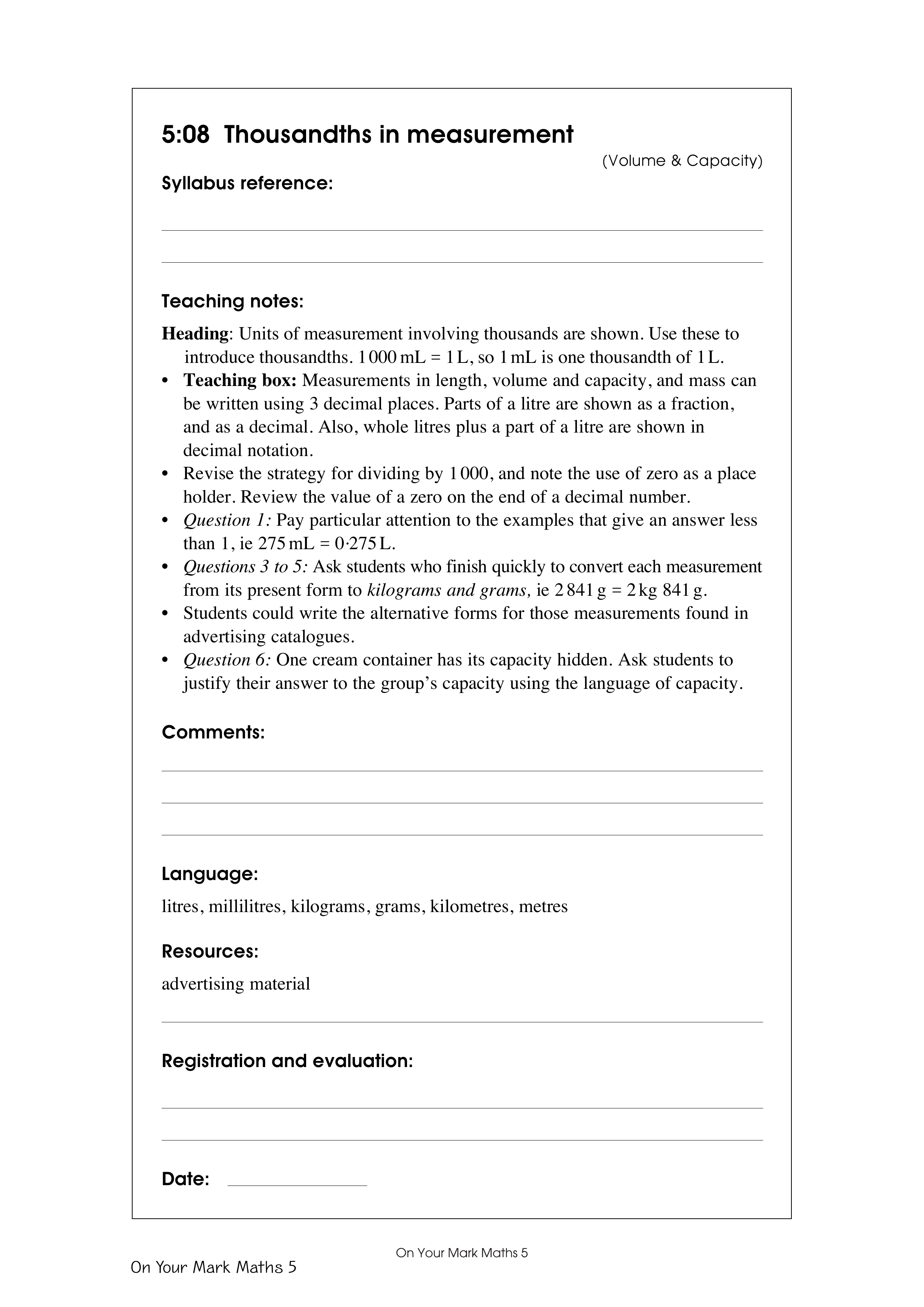 Thousandths in measurement — worksheet preview