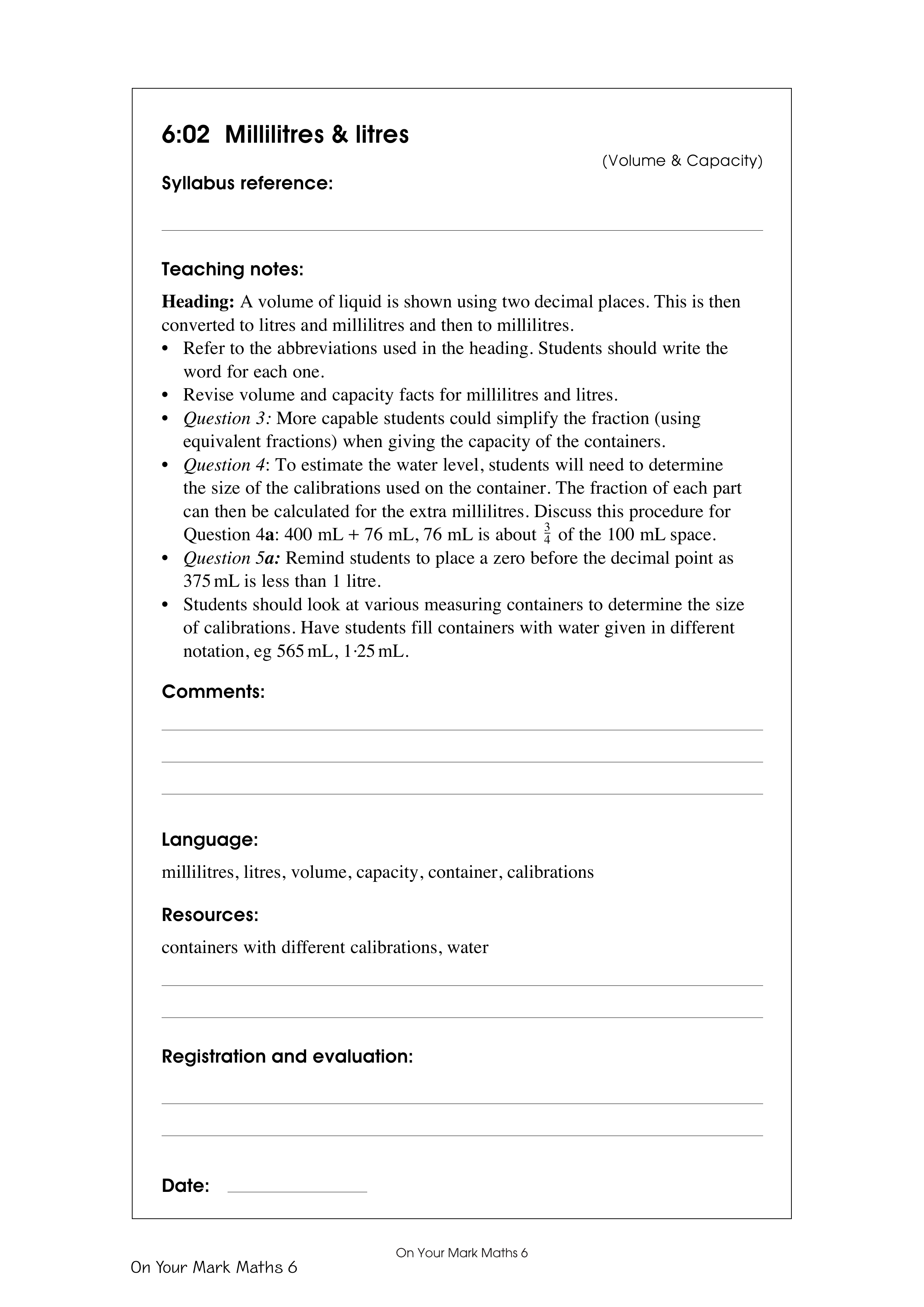 Millilitres & litres — worksheet preview
