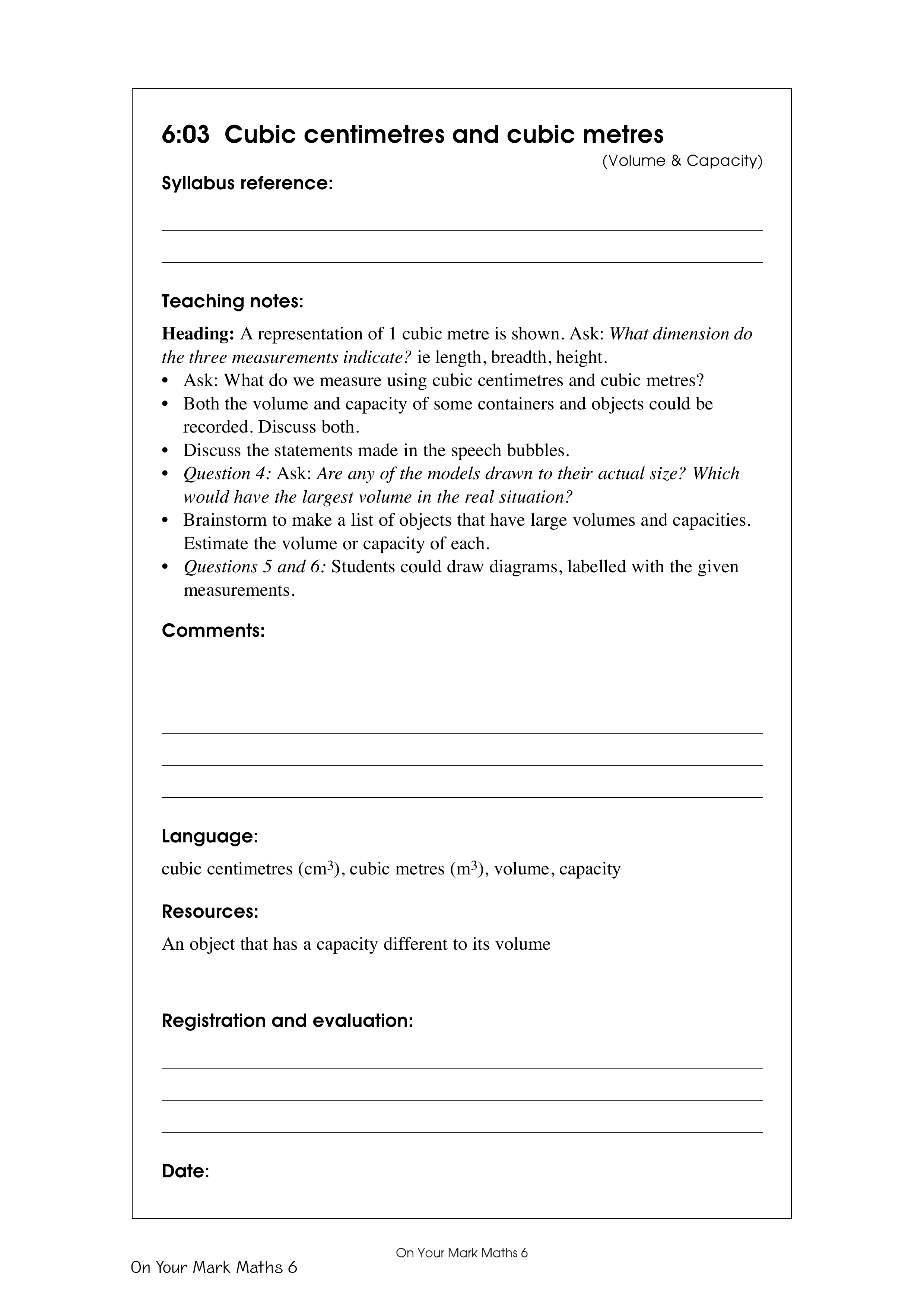 Cubic centimetres and cubic metres — worksheet preview