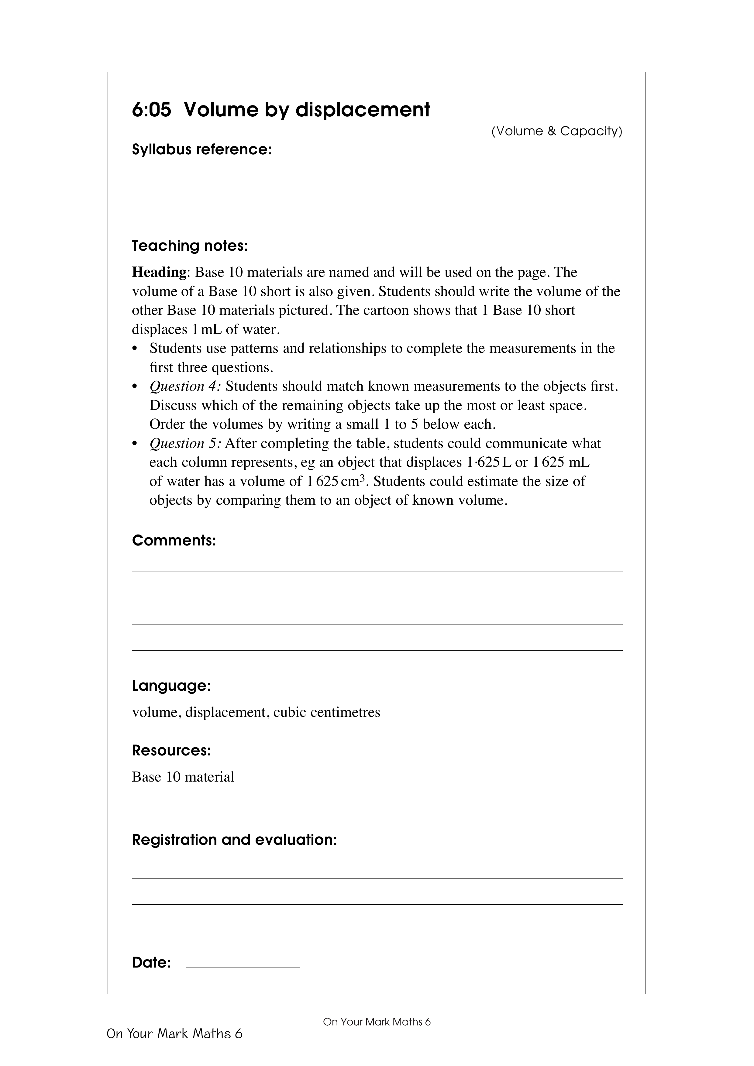 Volume by displacement — worksheet preview