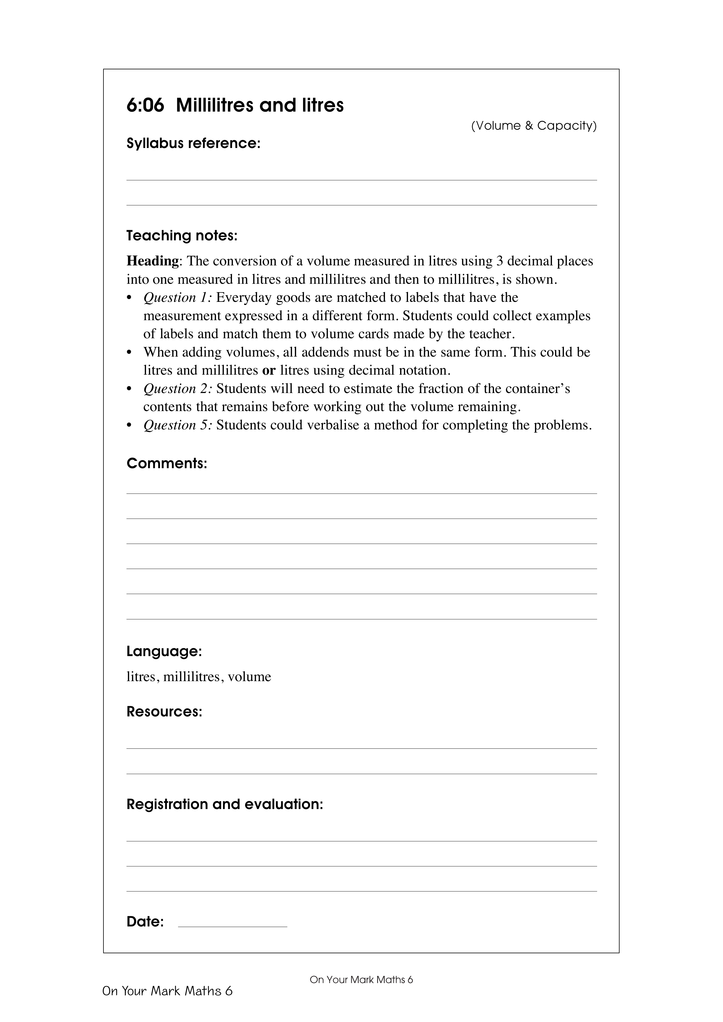 Millilitres and litres — worksheet preview