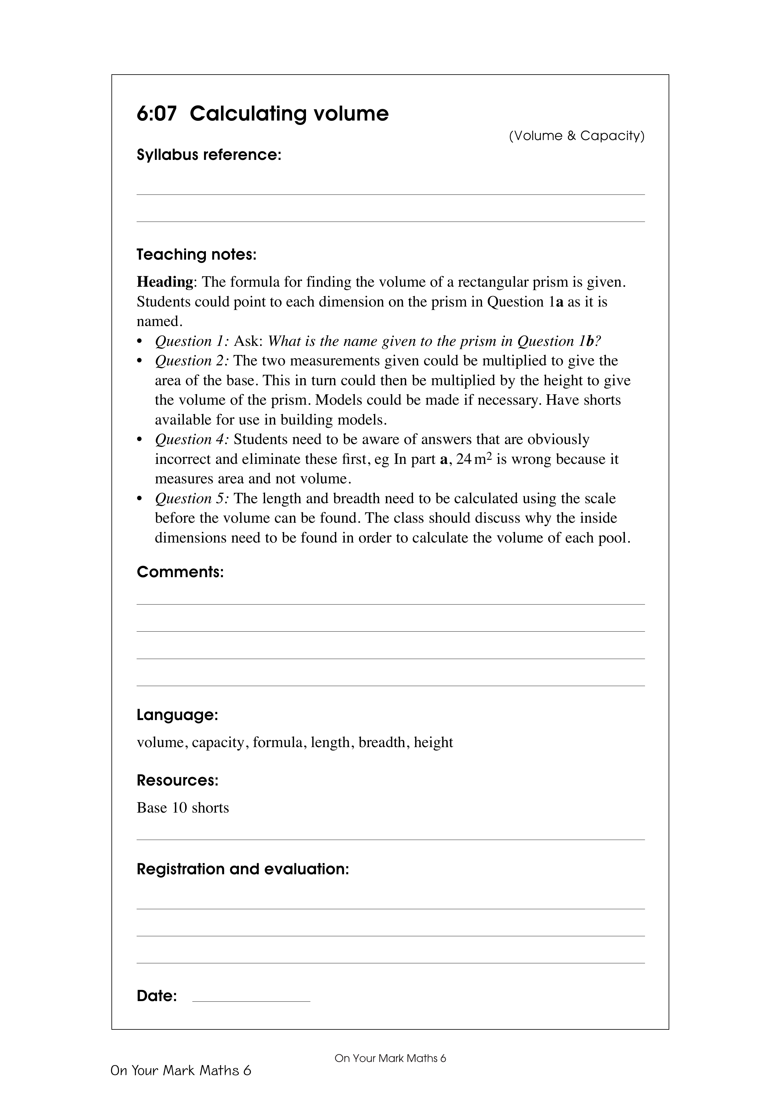 Calculating volume — worksheet preview