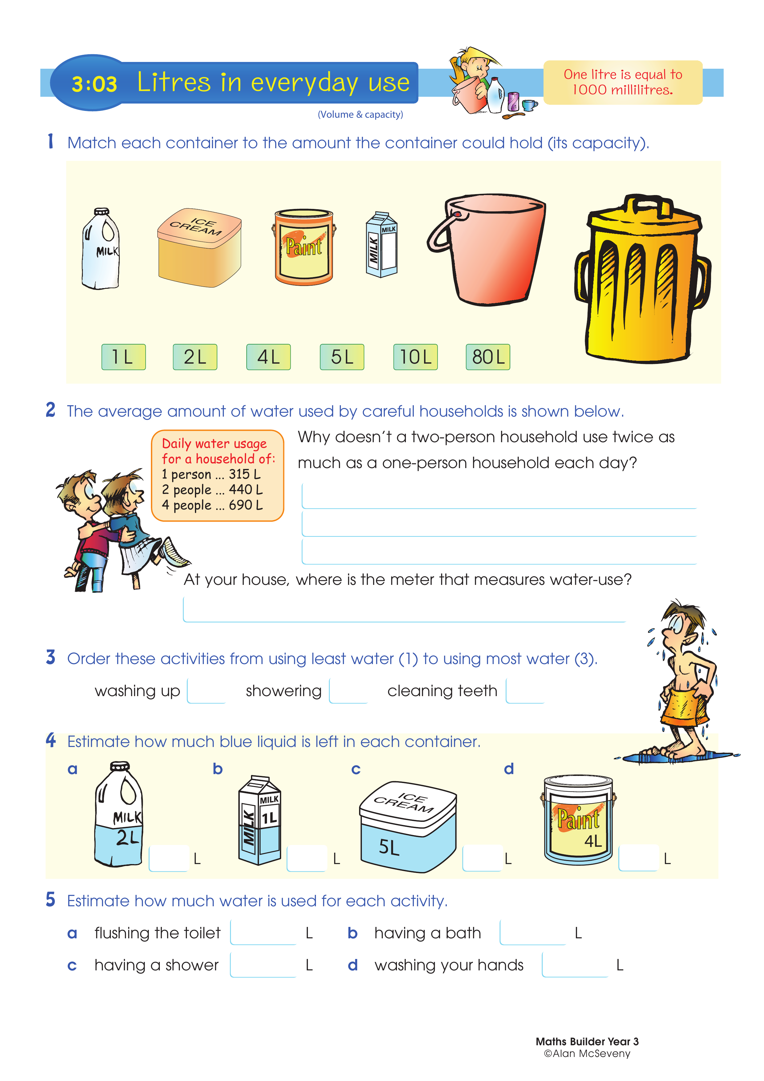 Litres in everyday use — worksheet preview