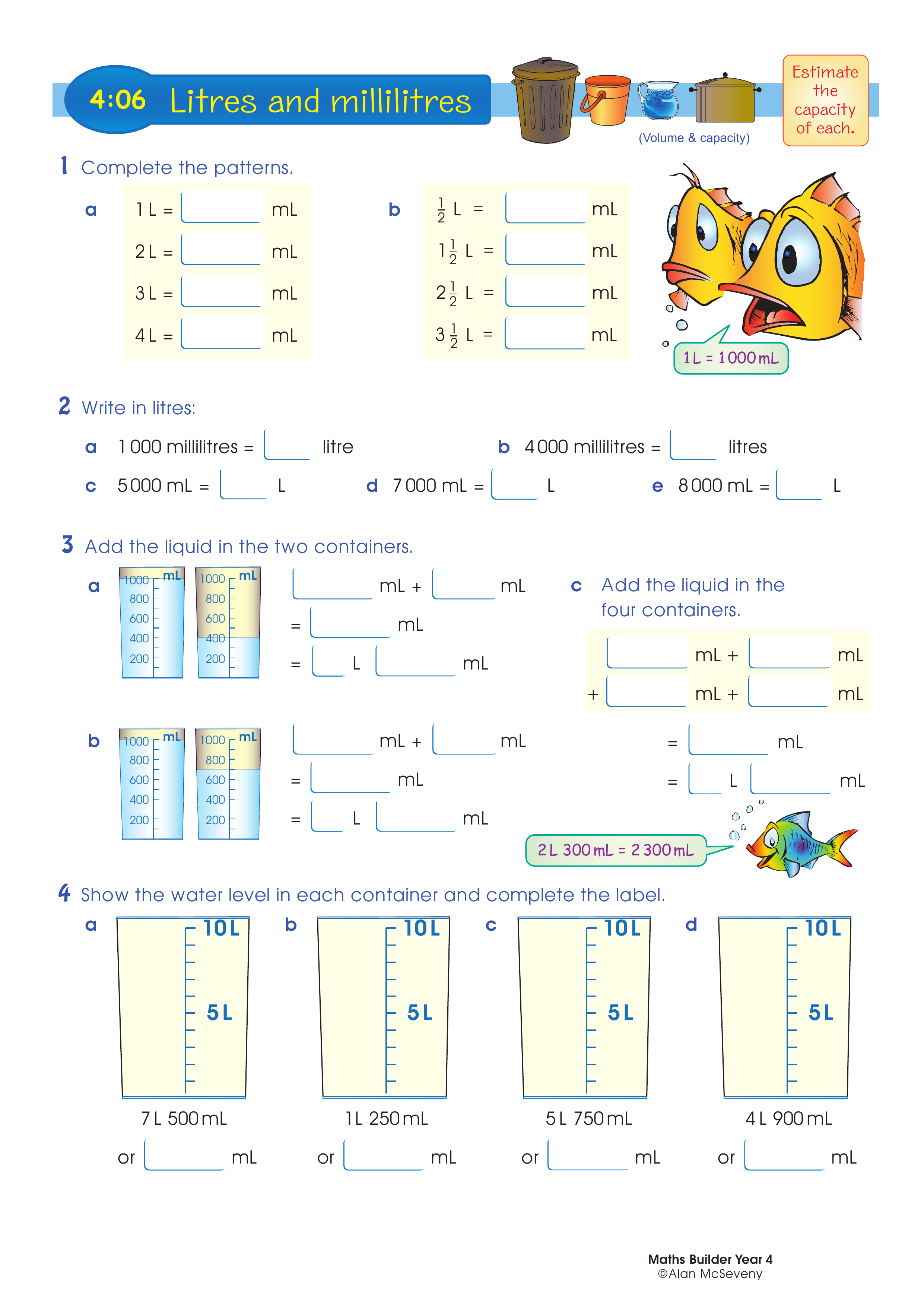 Litres and millilitres — worksheet preview