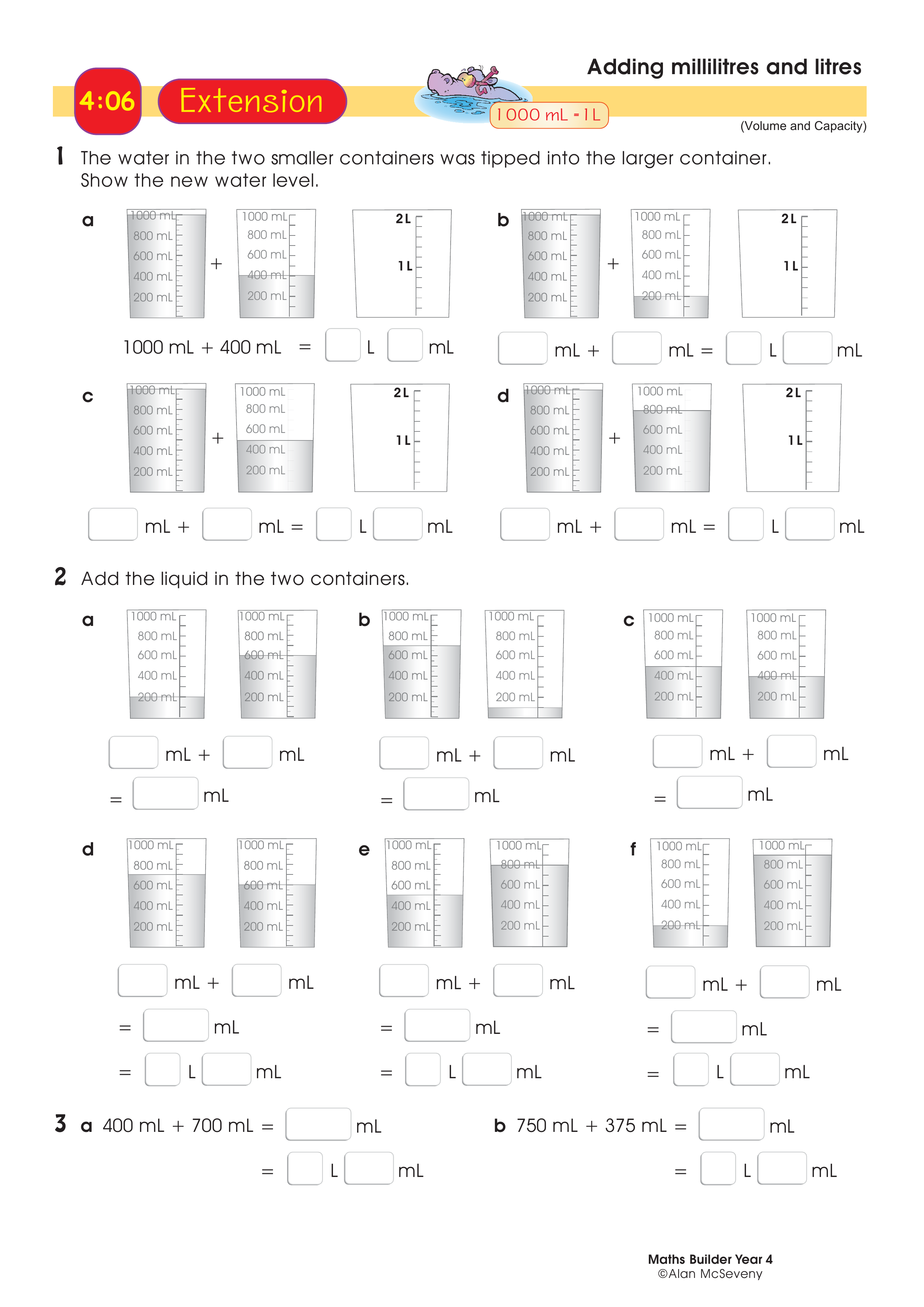Adding millilitres and litres — worksheet preview