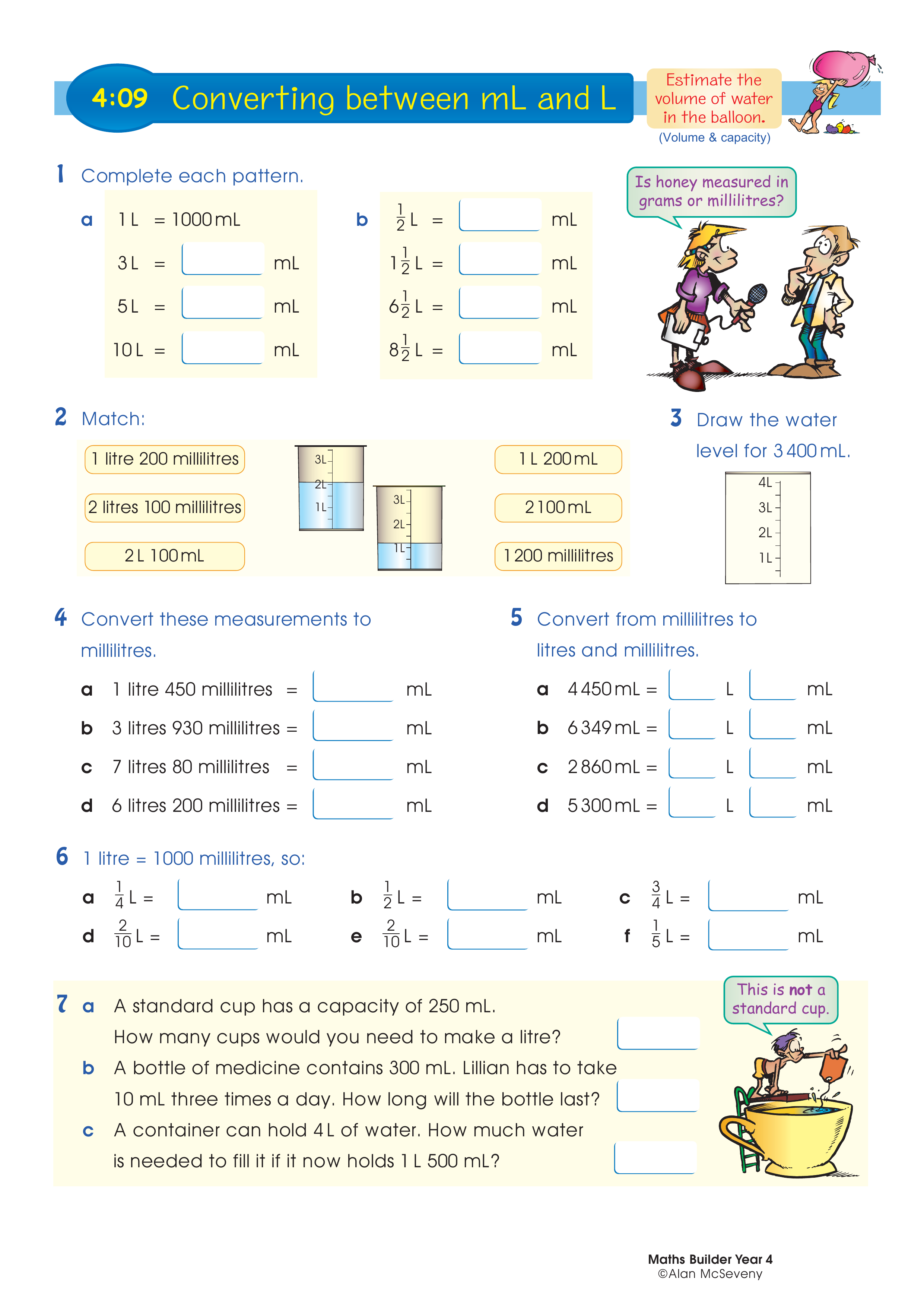 Converting between mL and L — worksheet preview