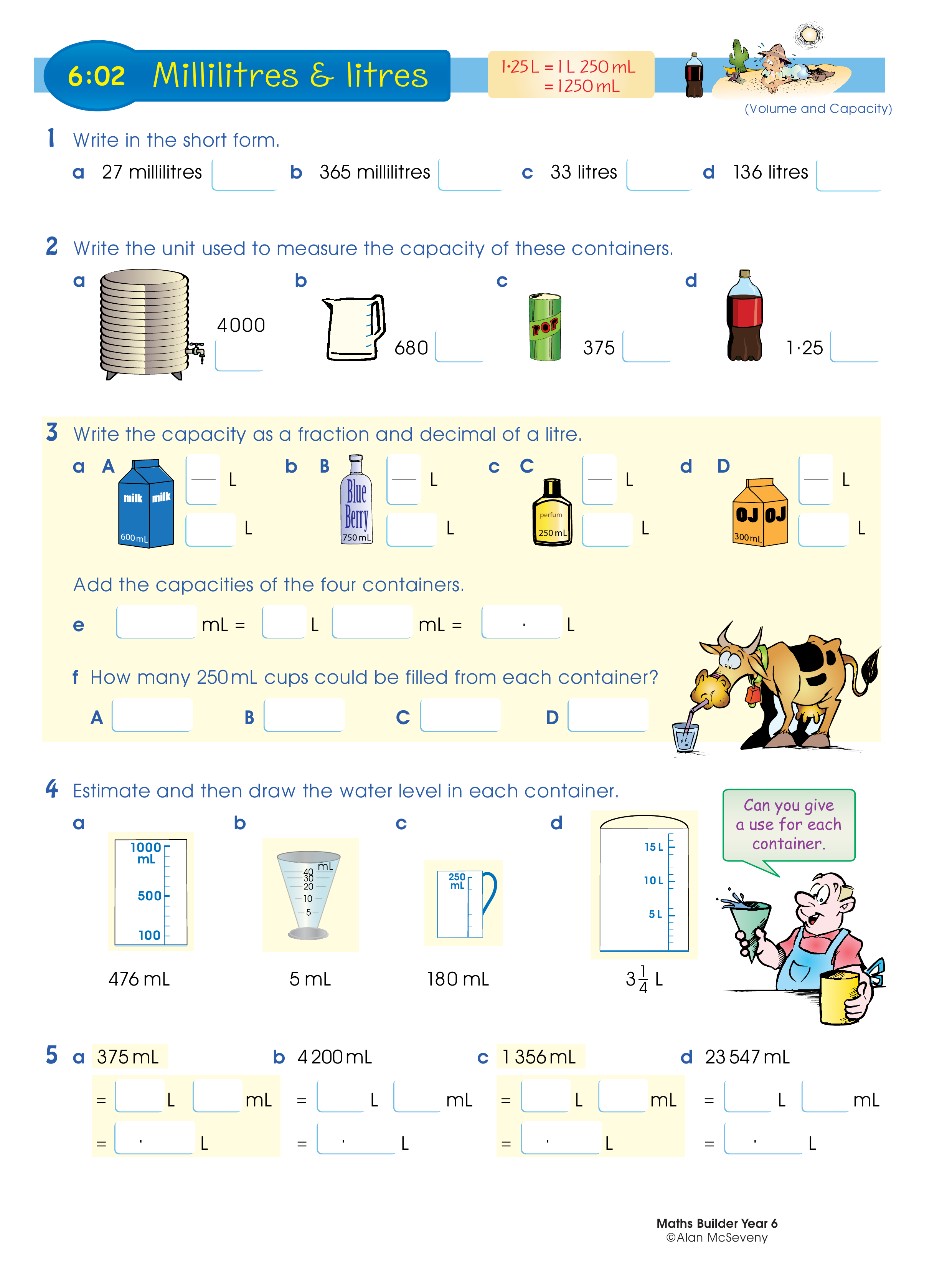 Millilitres and litres — worksheet preview