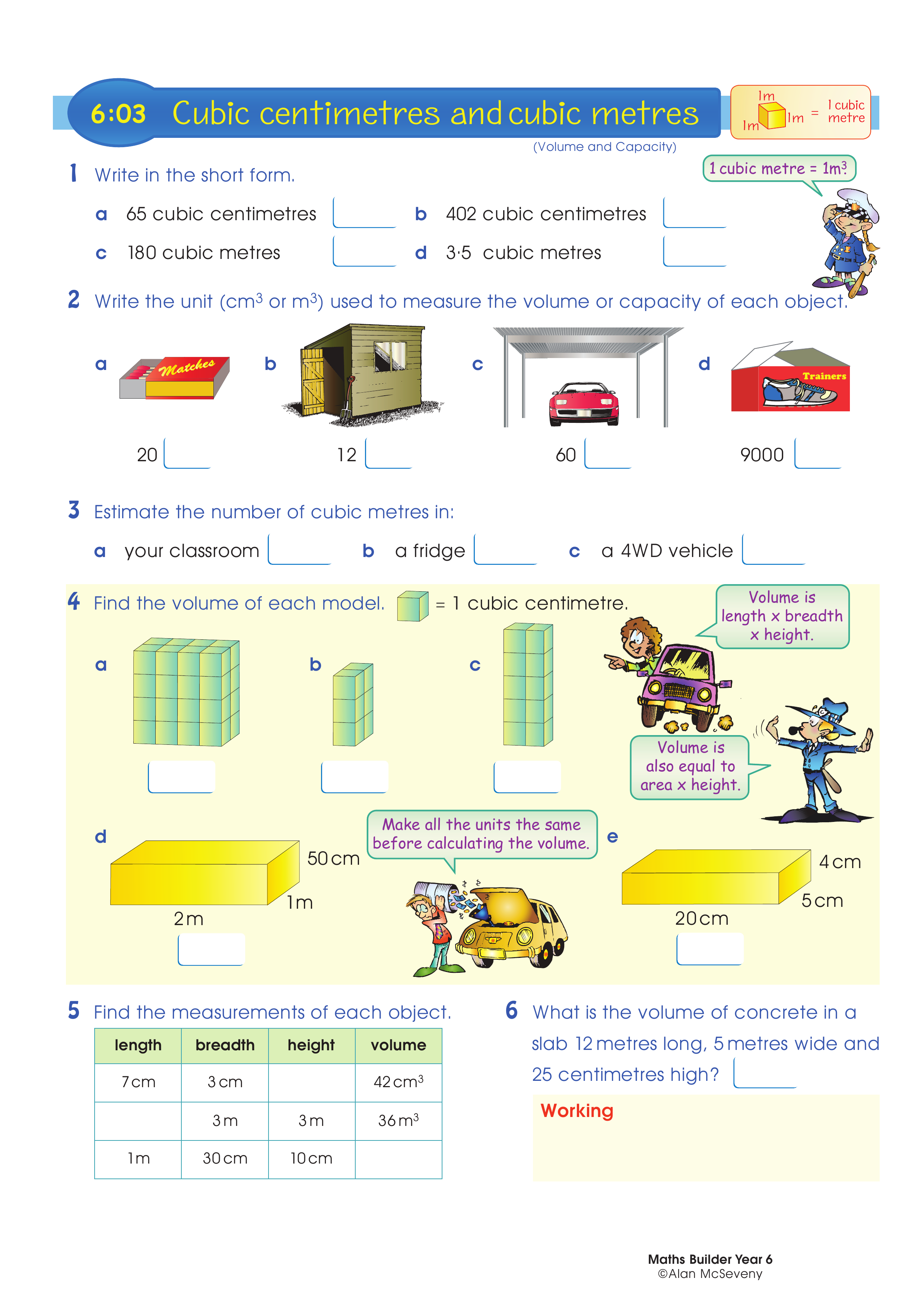 Cubic centimetres and cubic metres — worksheet preview