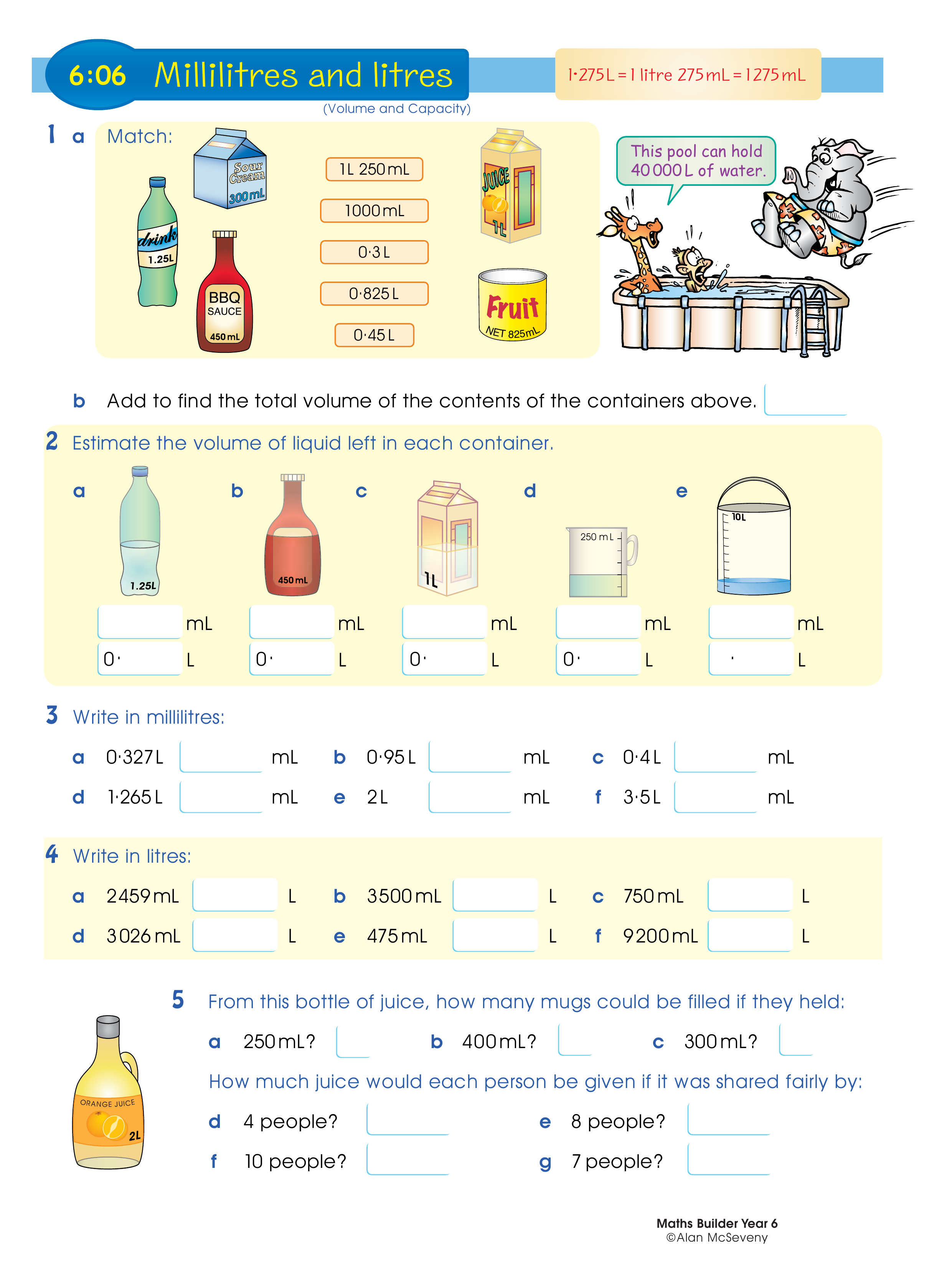 Millilitres and litres — worksheet preview