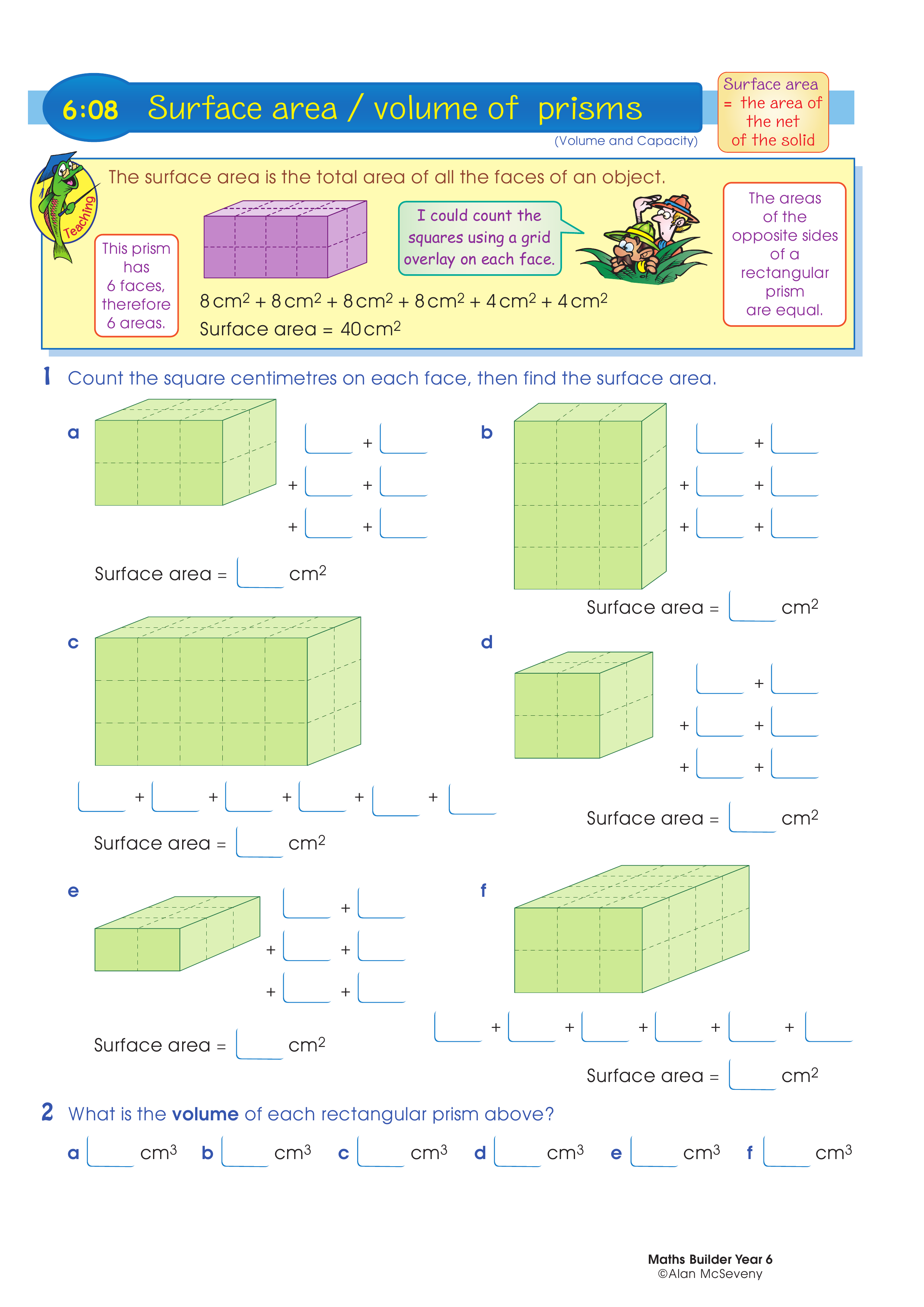 Surface area / volume of prisms — worksheet preview