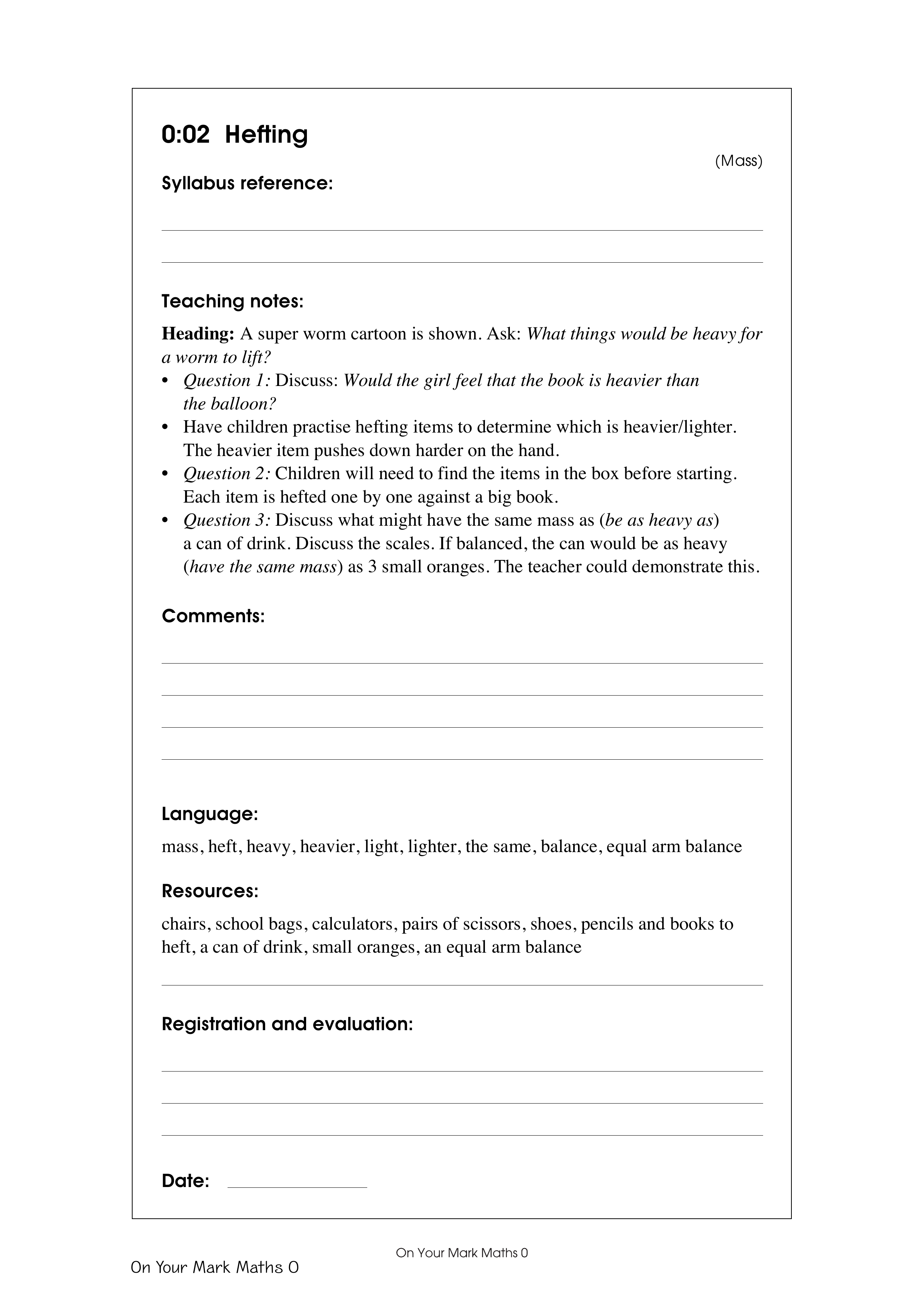 Hefting — worksheet preview