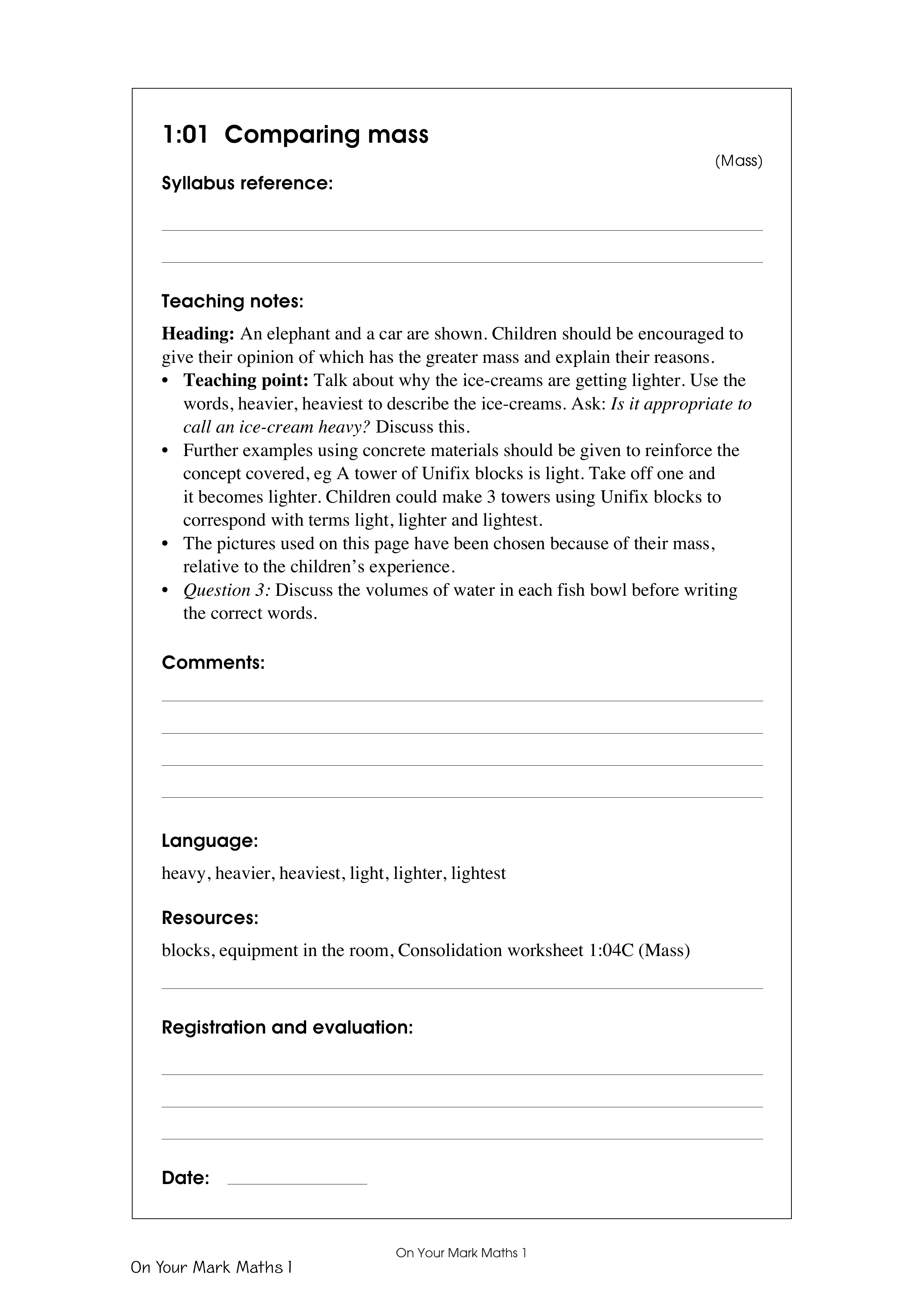 Comparing mass — worksheet preview