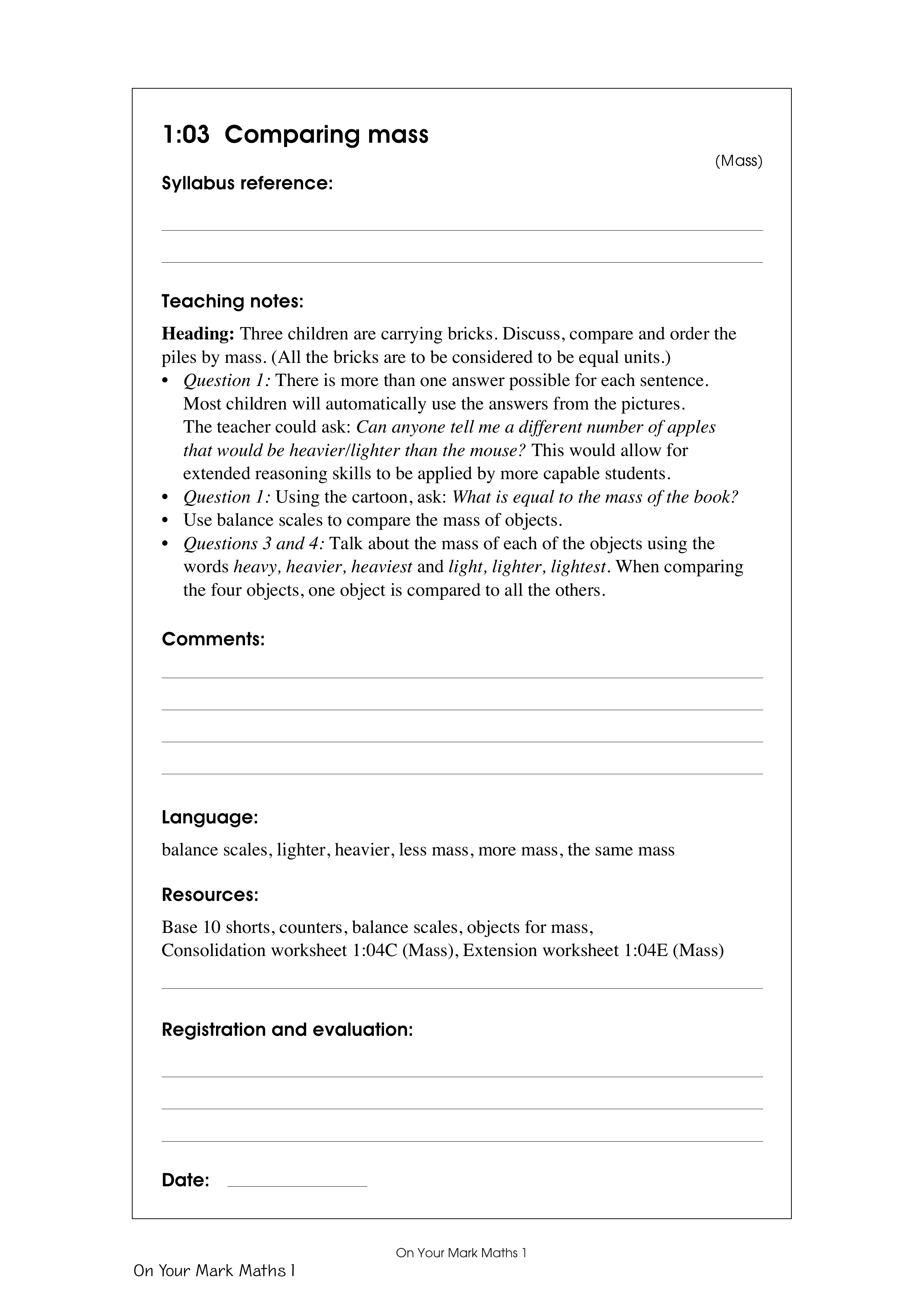 Comparing mass — worksheet preview