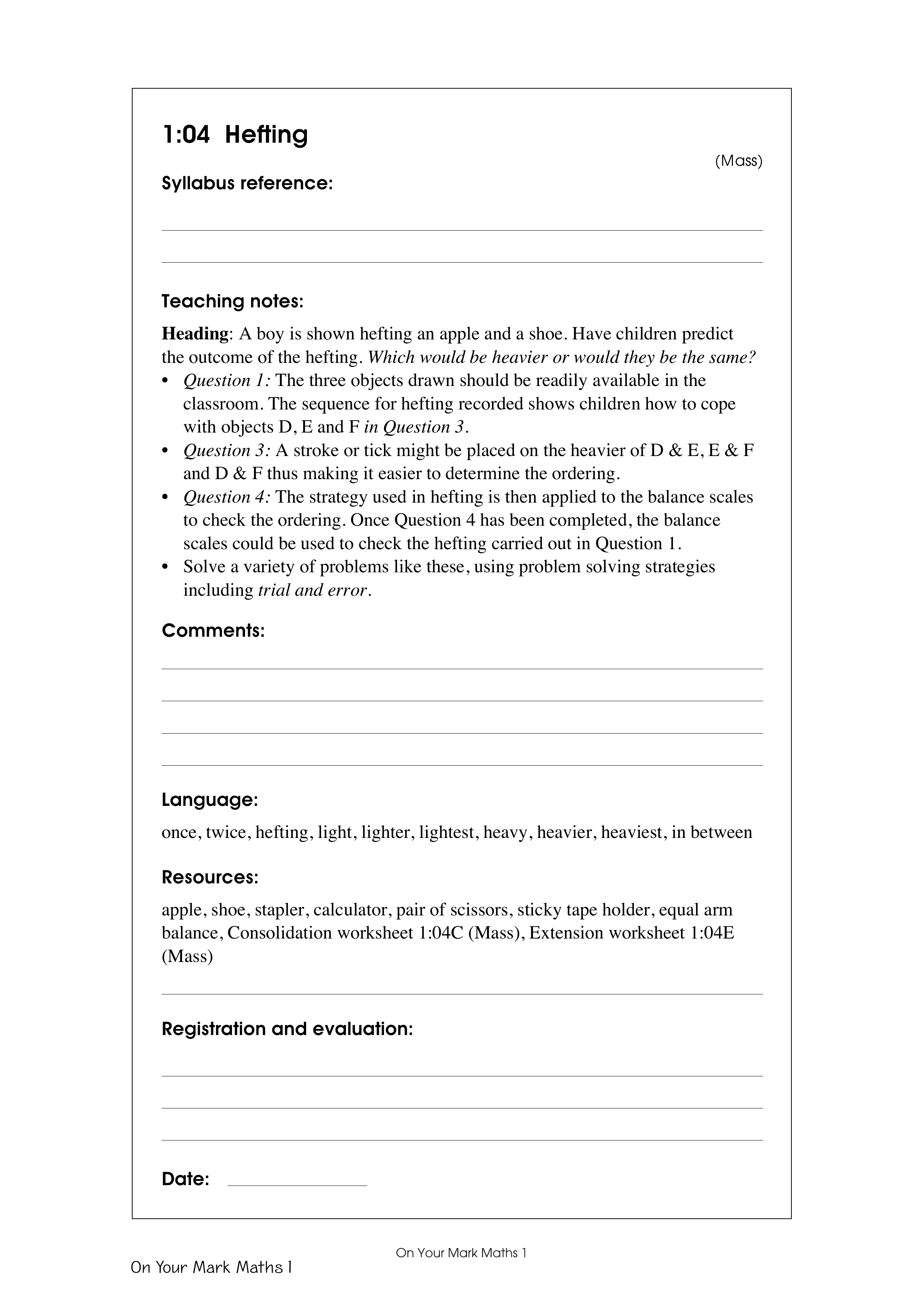 Hefting — worksheet preview