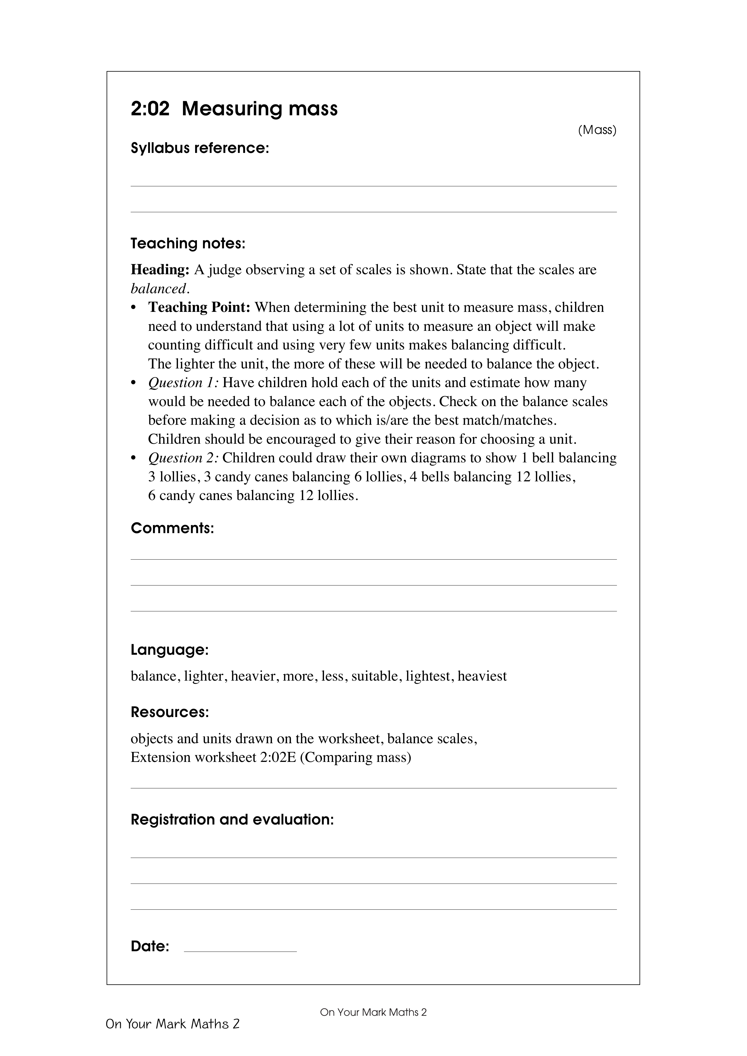 Measuring mass — worksheet preview
