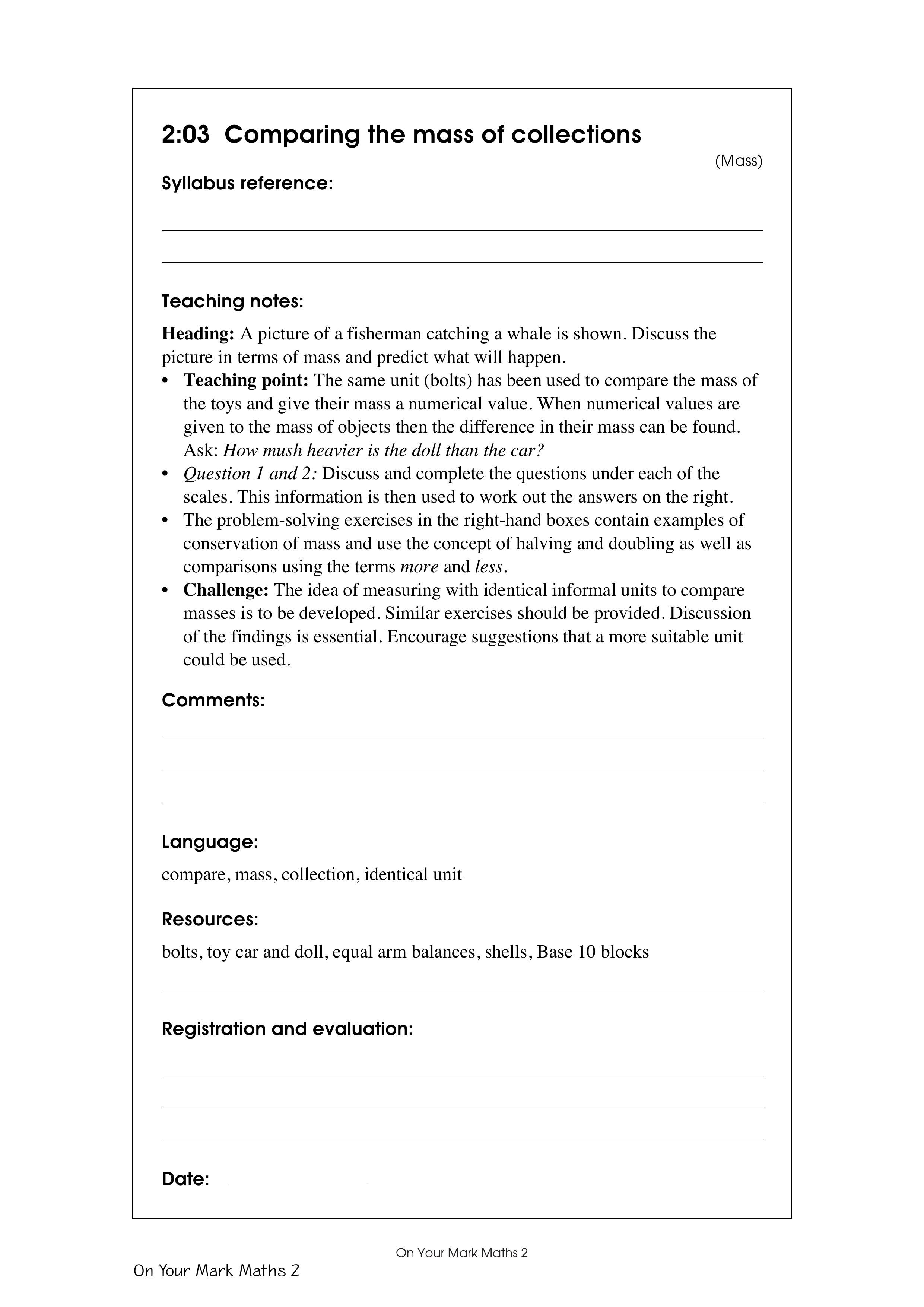 Comparing the mass of collections — worksheet preview