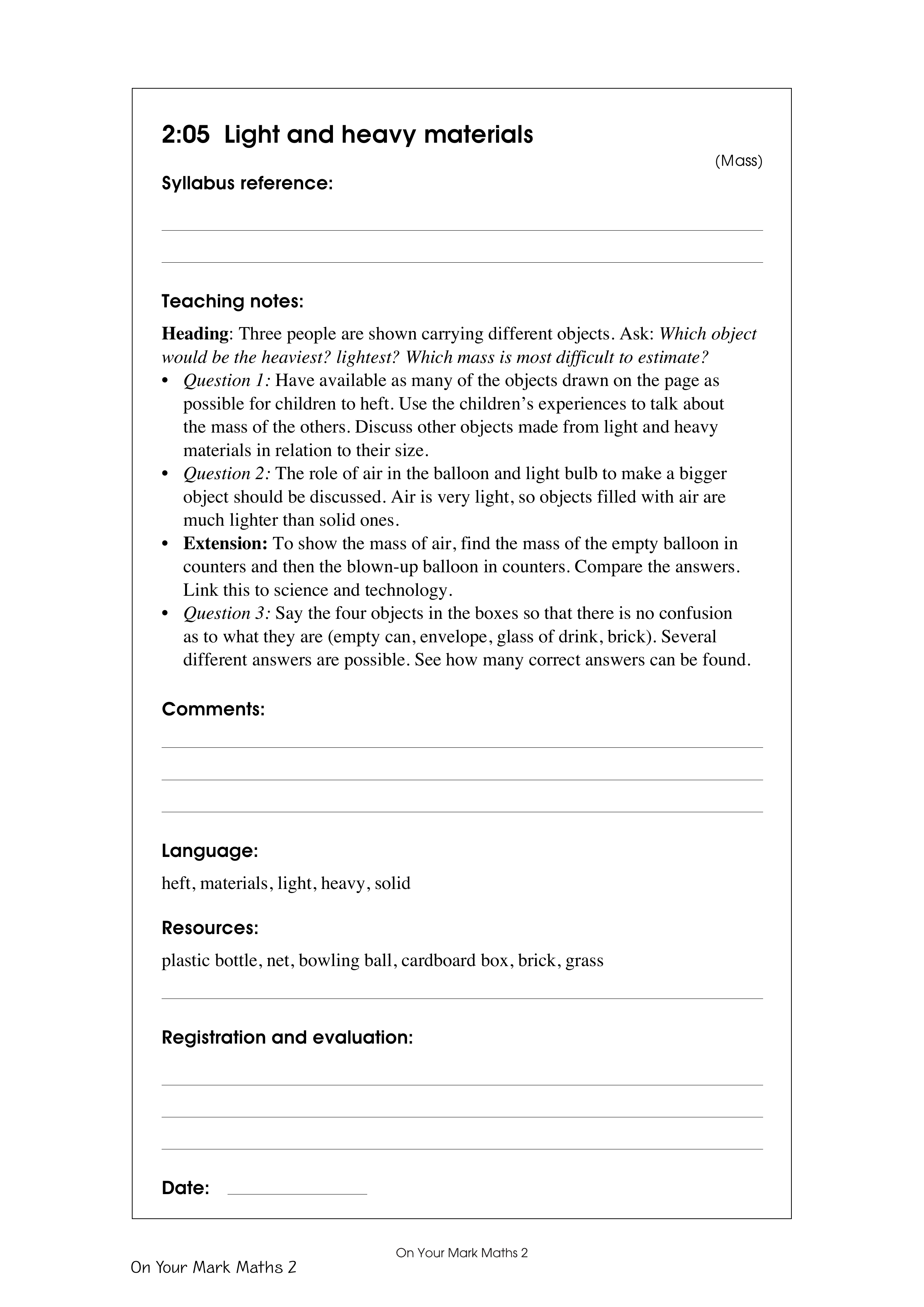 Light and heavy materials — worksheet preview