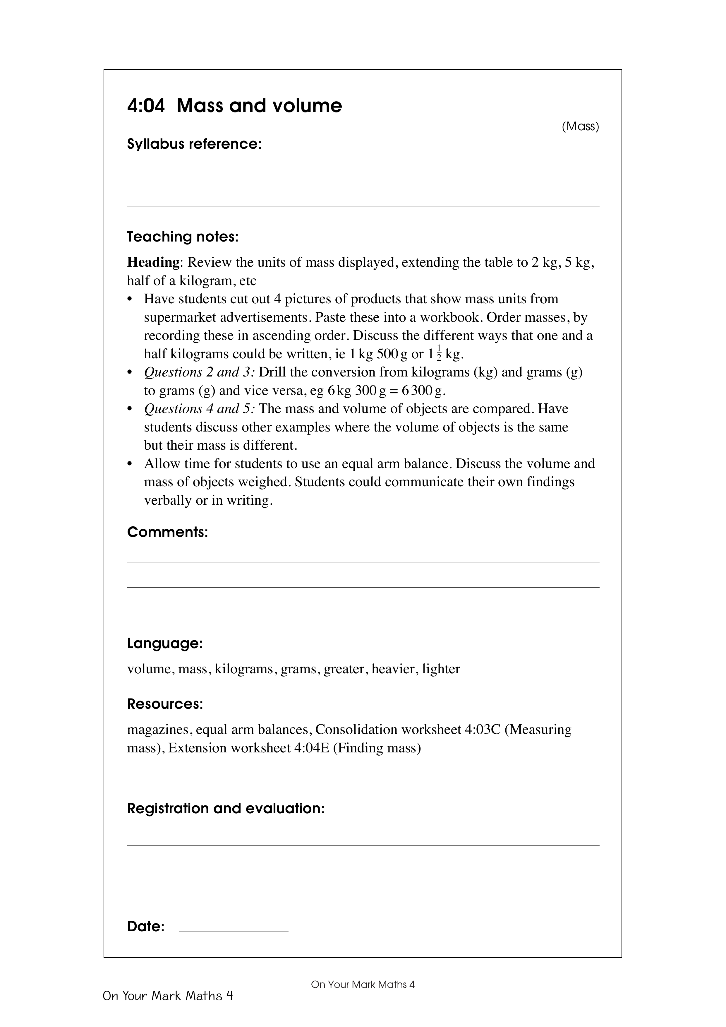 Mass and volume — worksheet preview